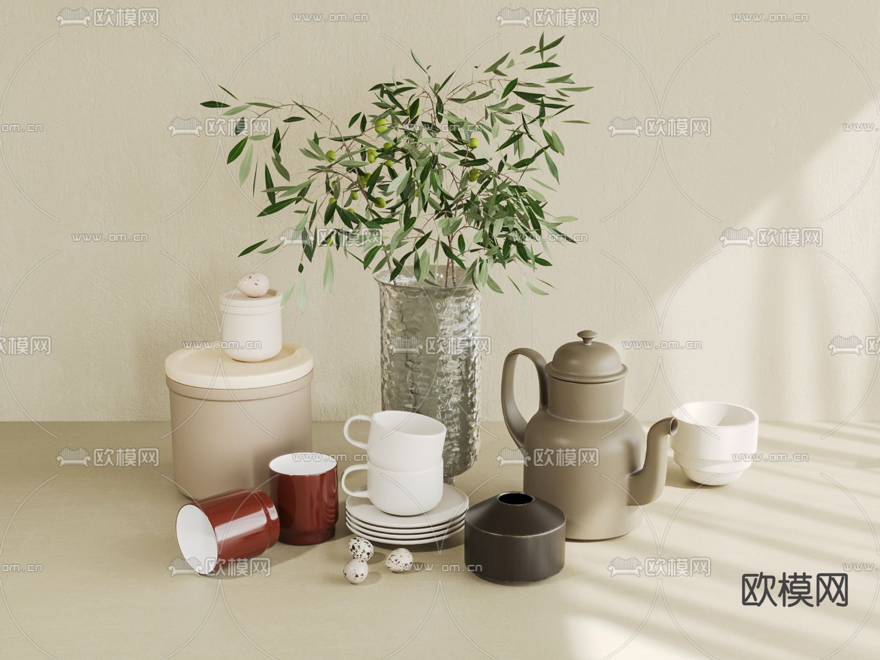 餐桌摆件 茶壶 茶杯 马克杯3d模型