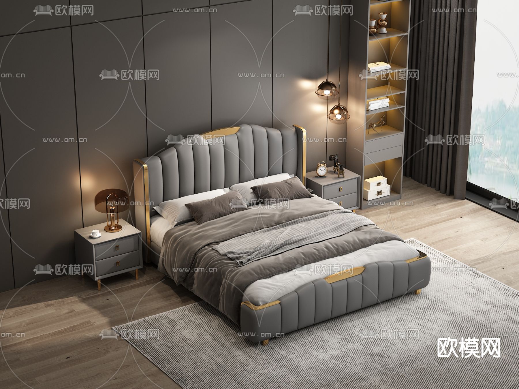 高级灰双人床 卧室床3d模型下载（渲染图3）