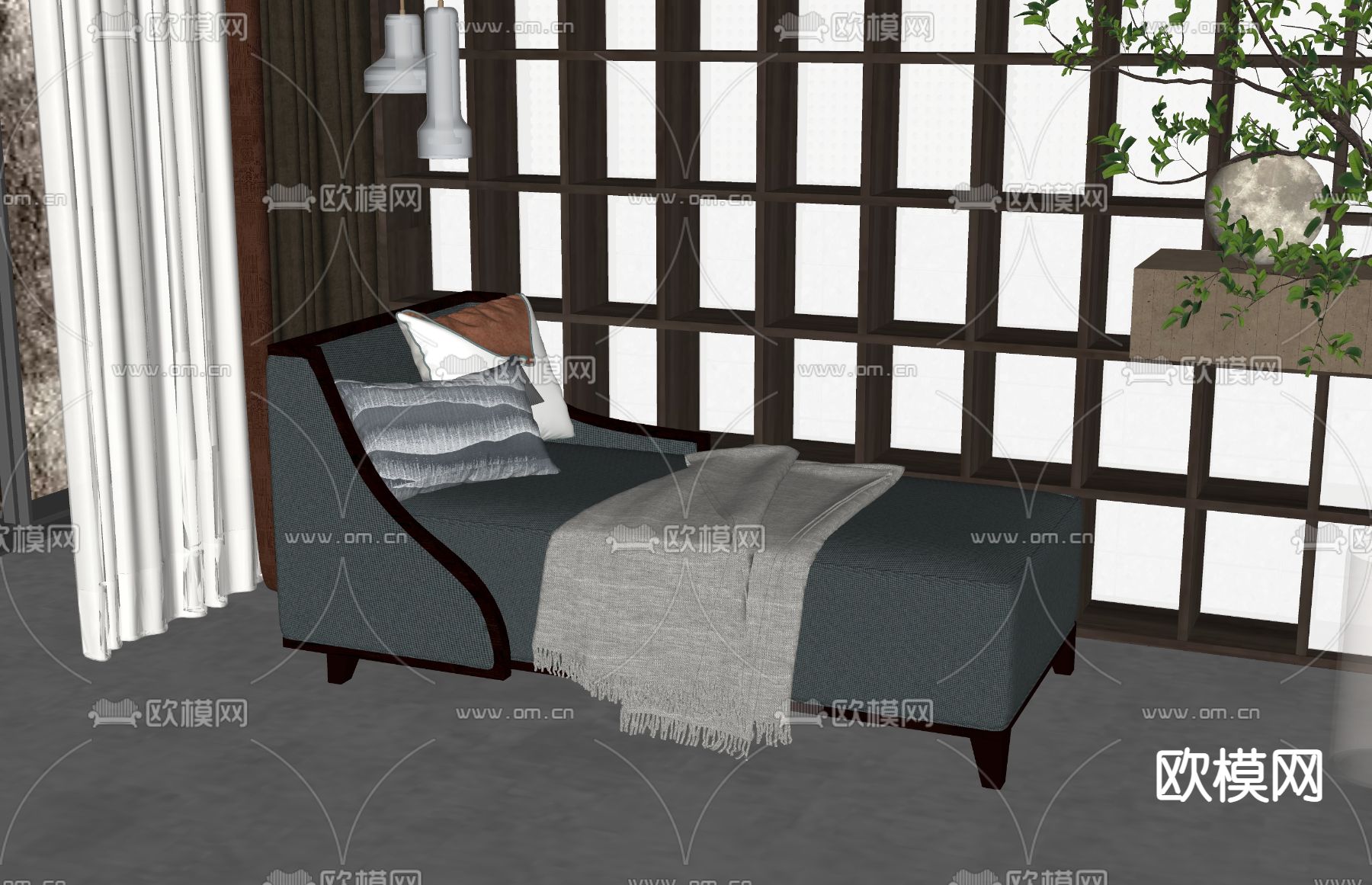 新中式贵妃椅su模型下载（渲染图2）