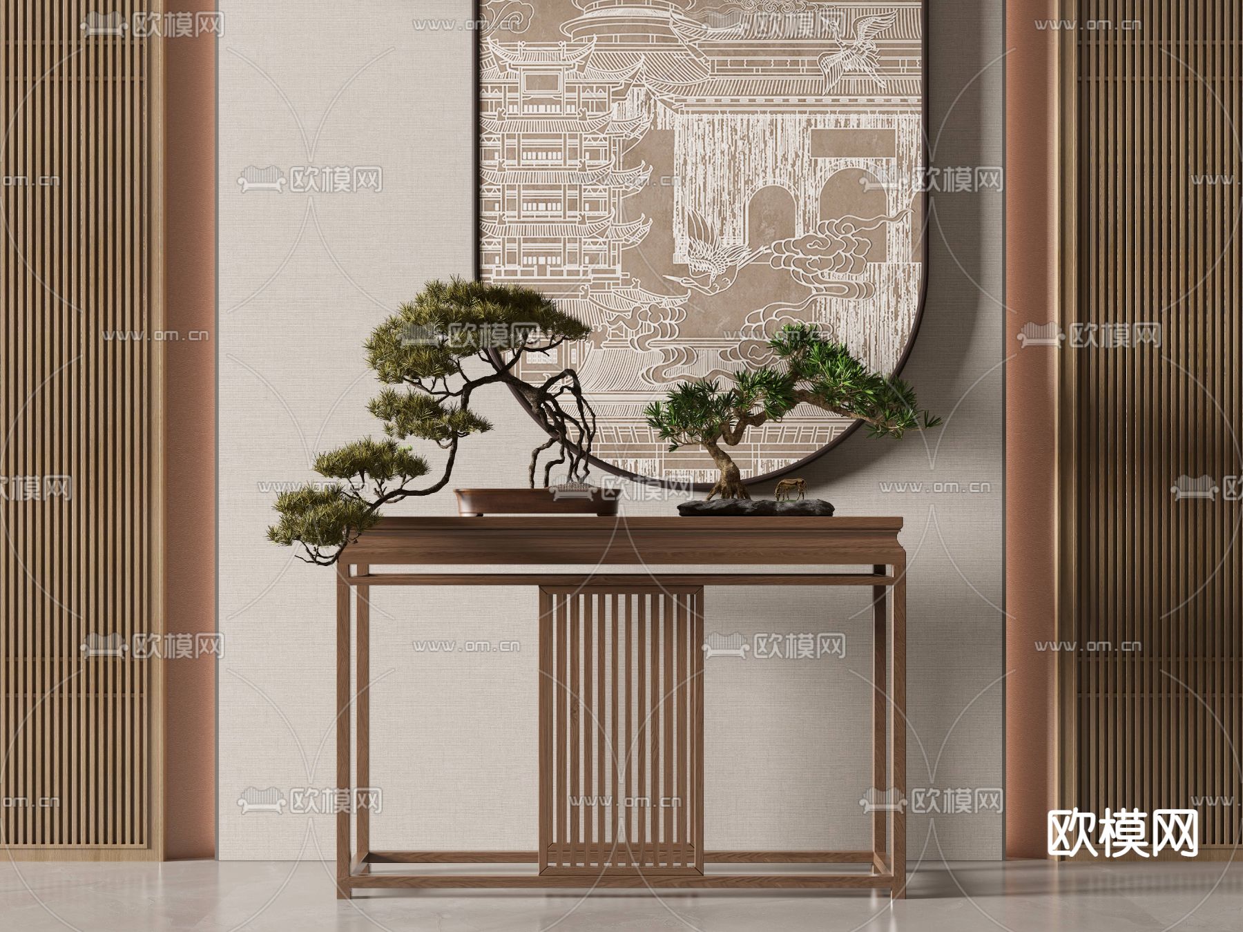 新中式端景条案su模型下载（渲染图1）