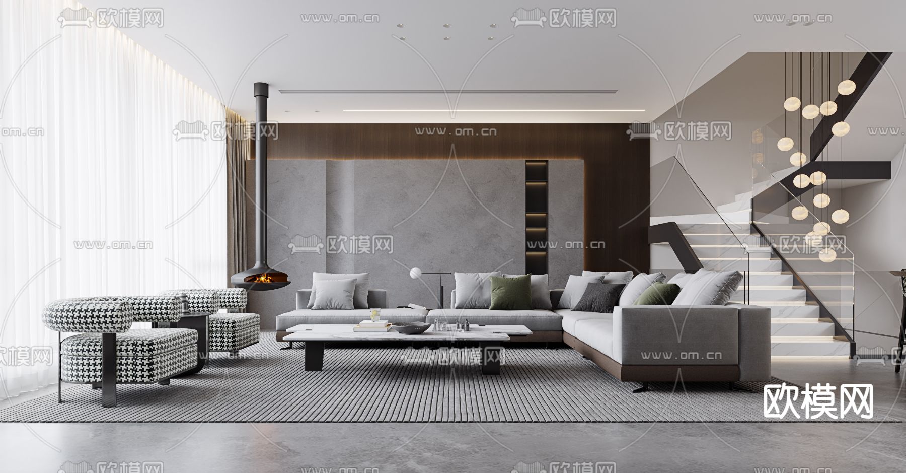 高级灰客餐厅3d模型下载（渲染图1）