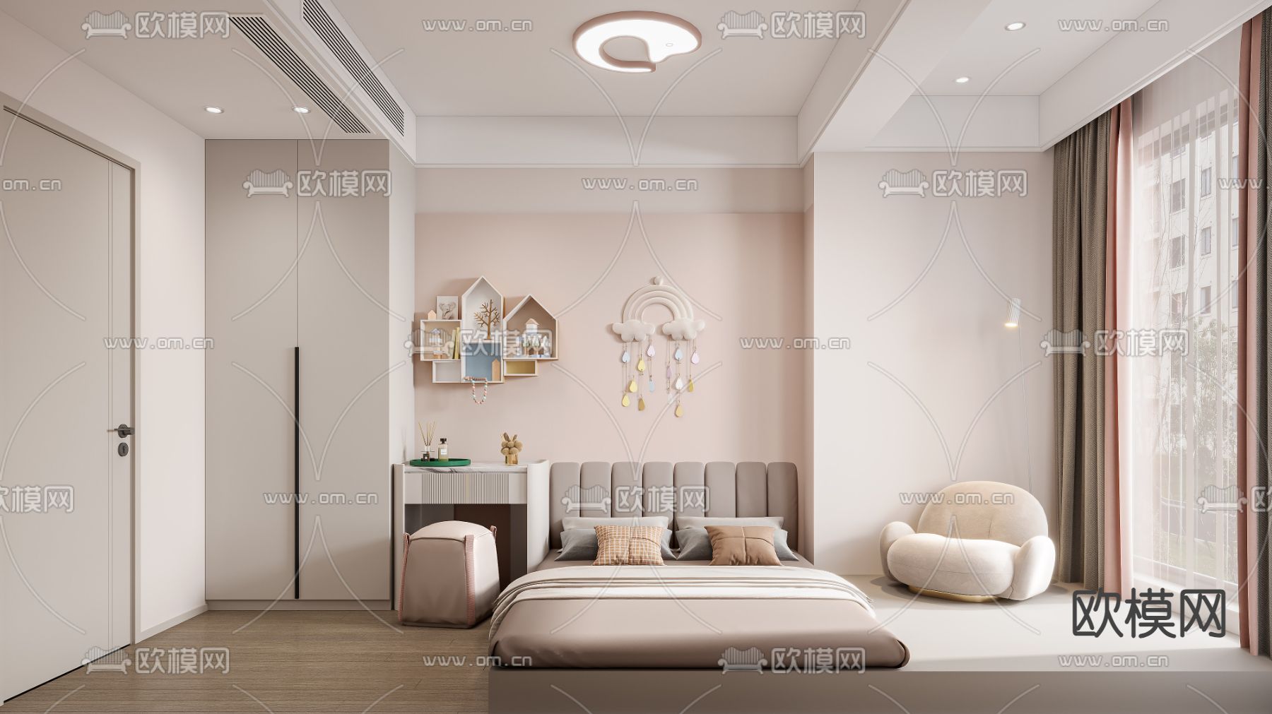 奶油风客厅 餐厅3d模型下载（渲染图2）