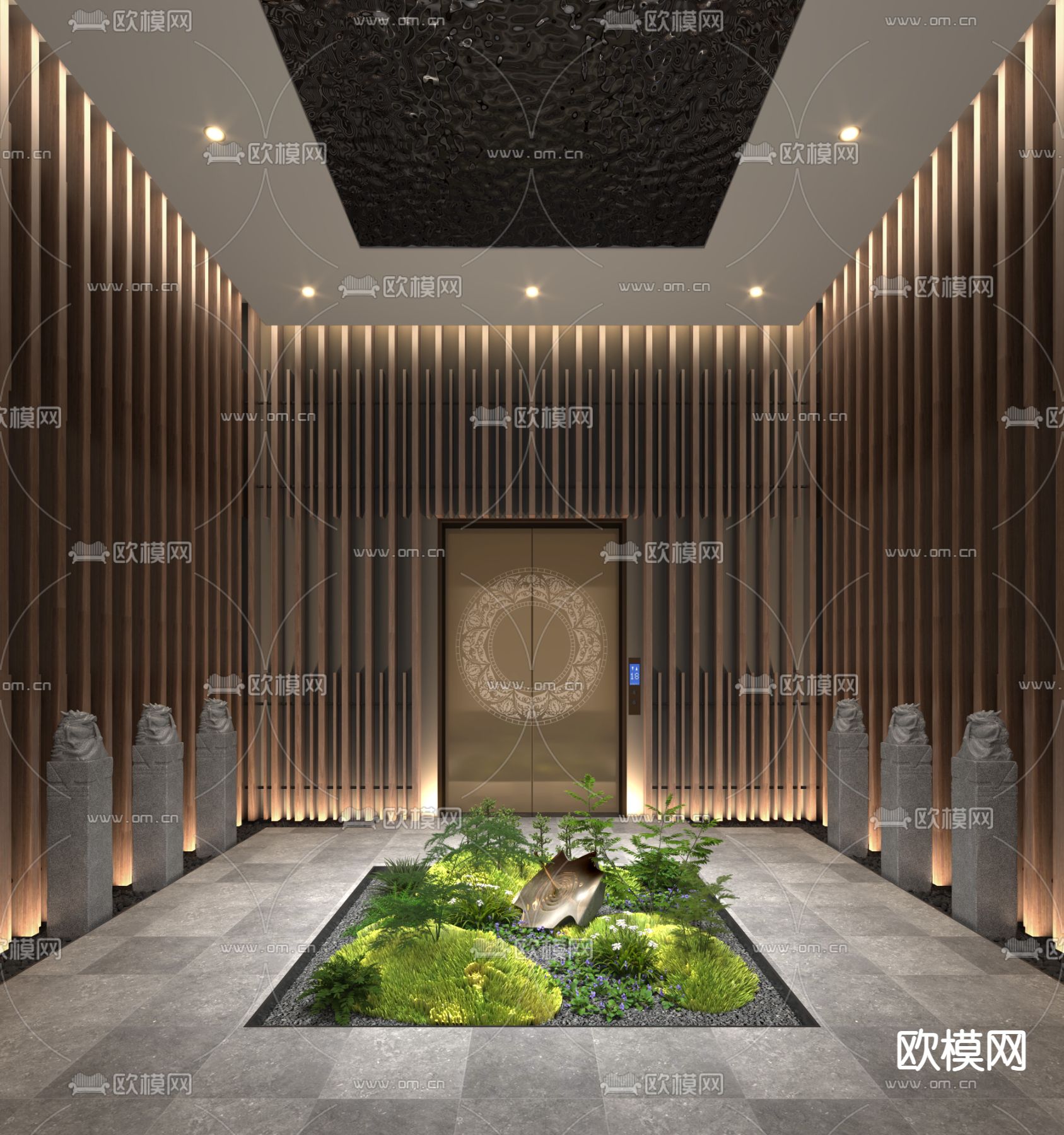 新中式电梯厅su模型下载（渲染图1）