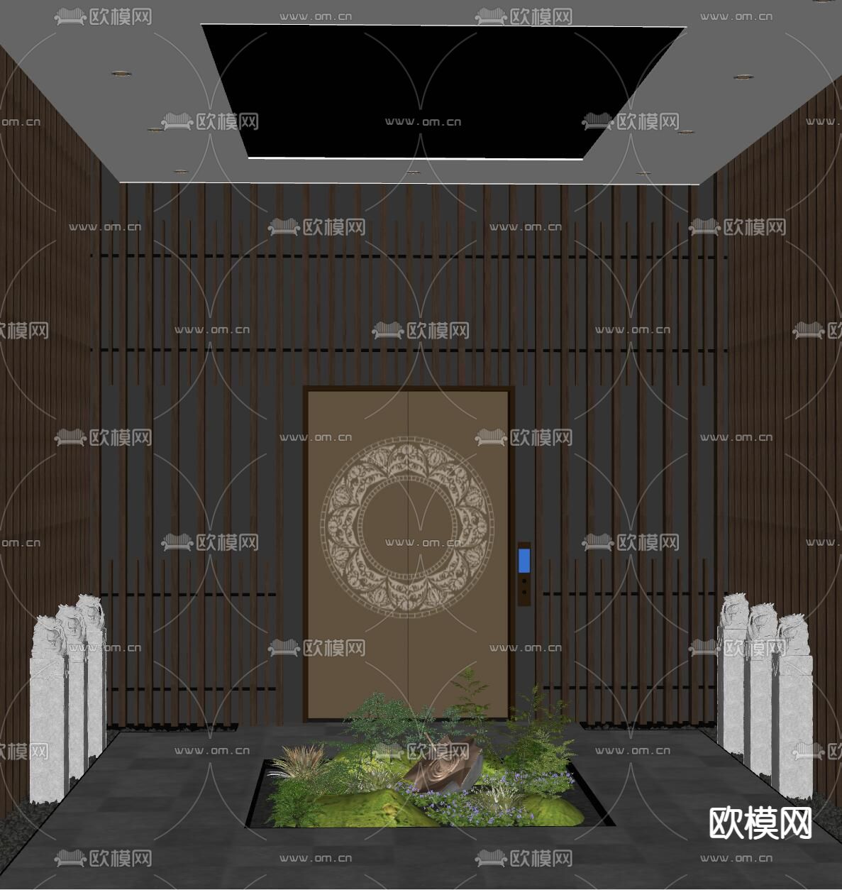 新中式电梯厅su模型下载（渲染图2）