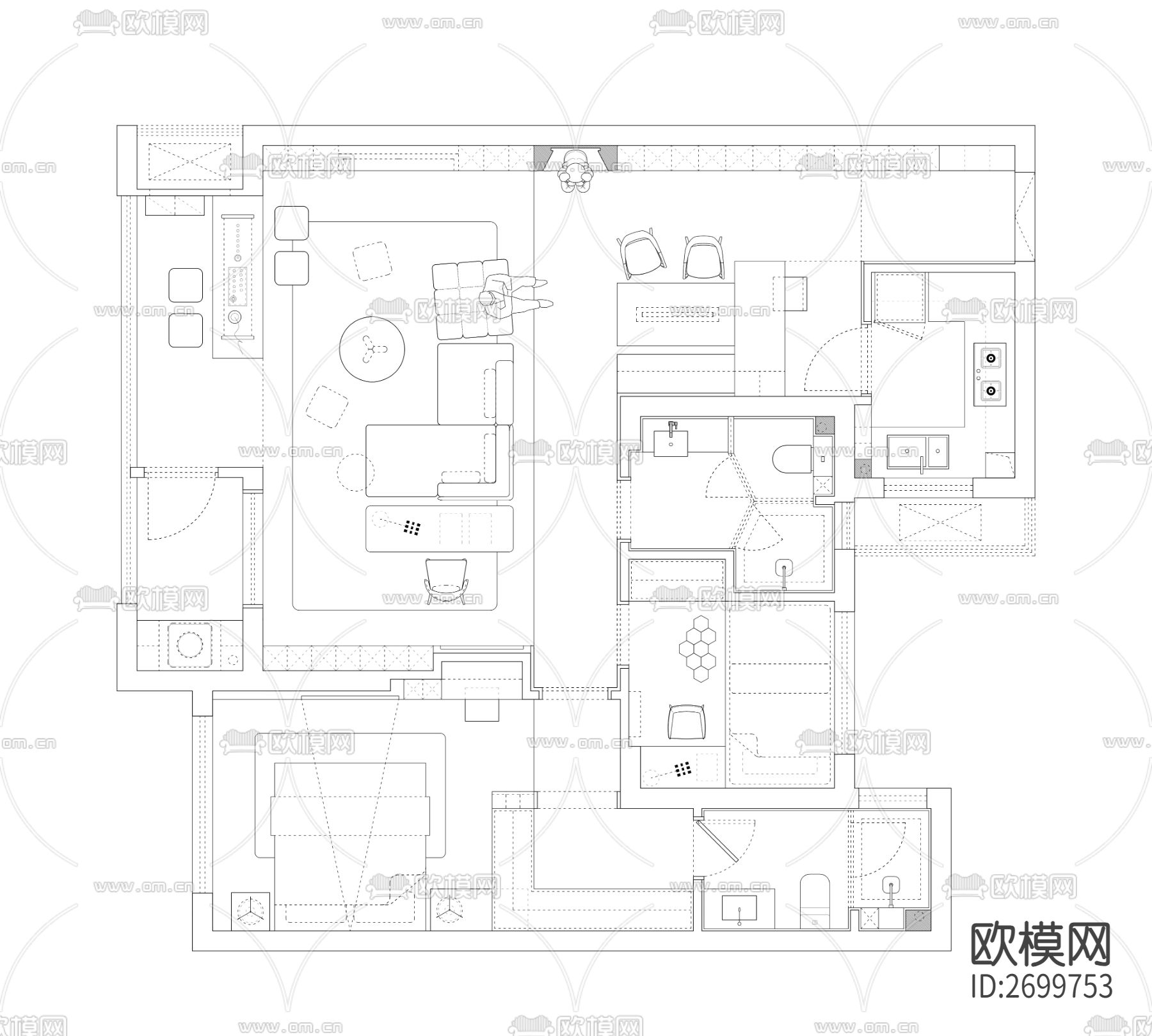 97平方家装cad平面图下载（渲染图2）