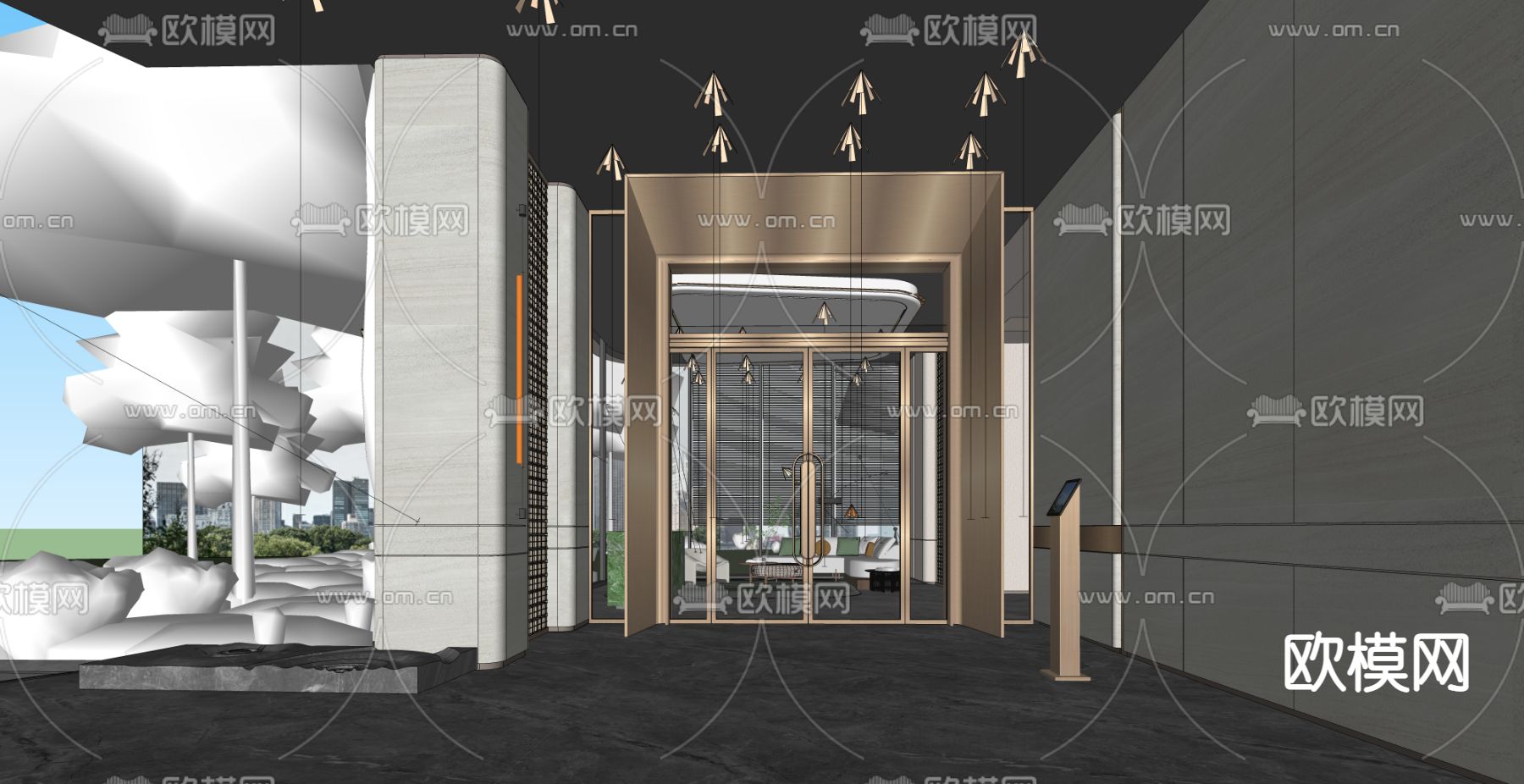 现代酒店入户大堂su模型下载（渲染图2）