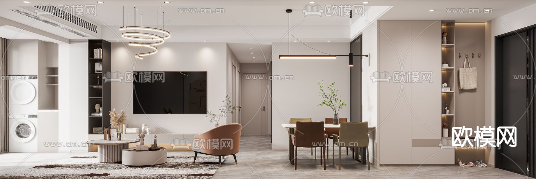 奶油风客厅 餐厅3d模型下载（渲染图1）