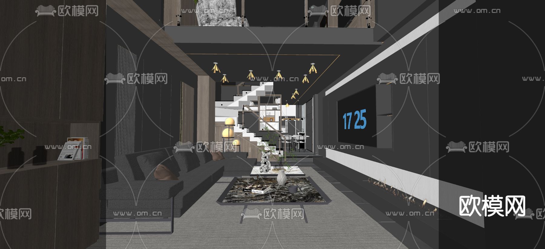 现代复式单身公寓su模型下载（渲染图2）