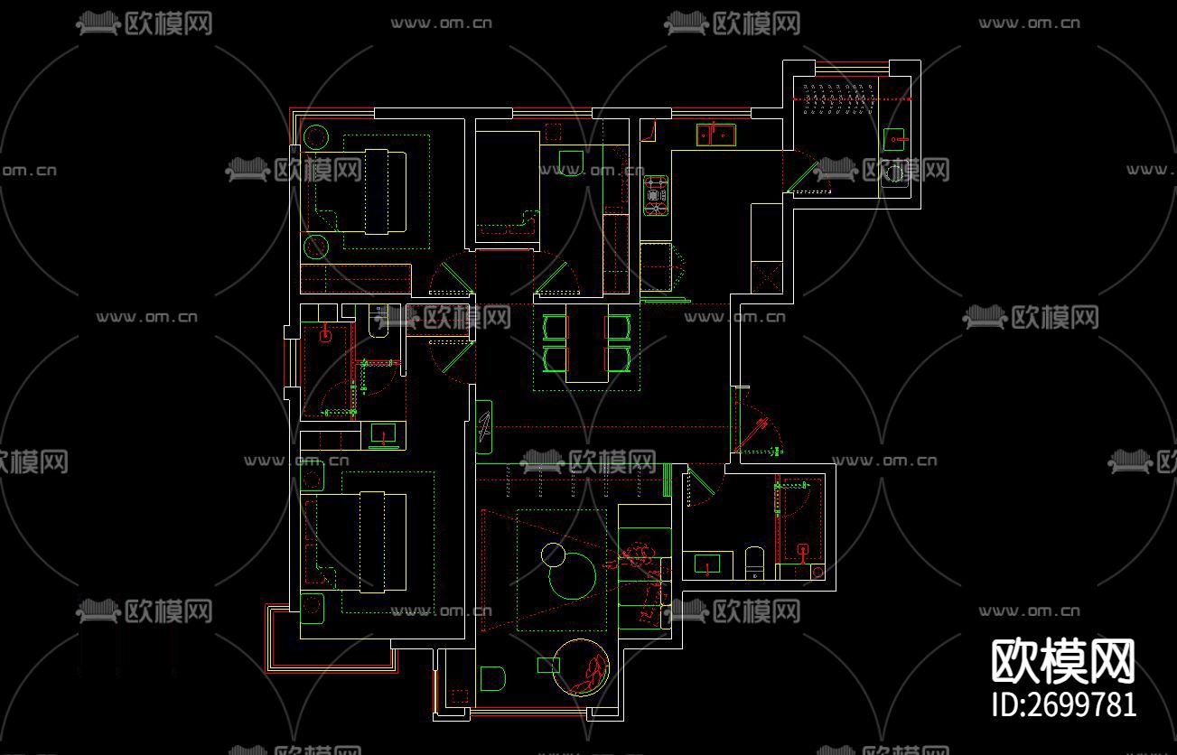108平方家装cad平面图下载（渲染图1）