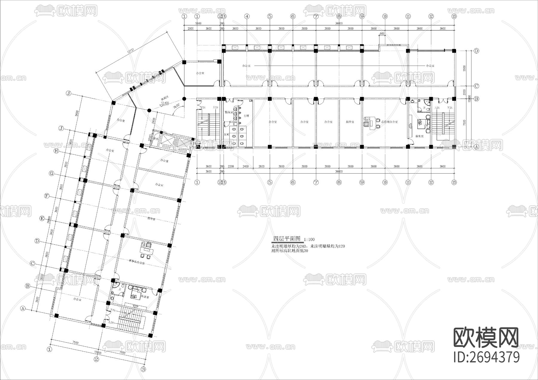 L型公司综合办公楼建筑cad施工图下载（渲染图4）