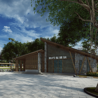  广场自行车驿站su模型 