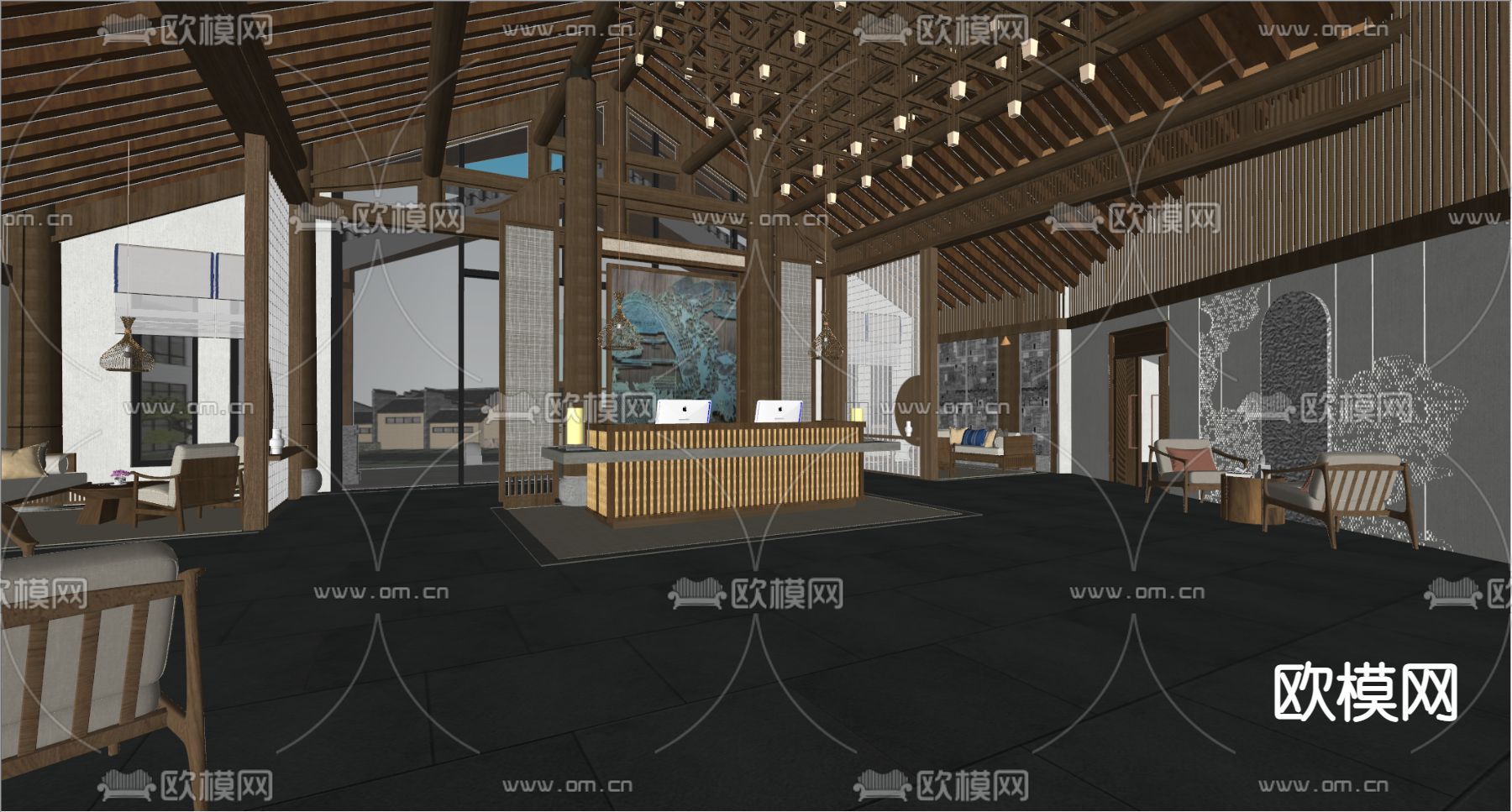 新中式酒店大堂su模型