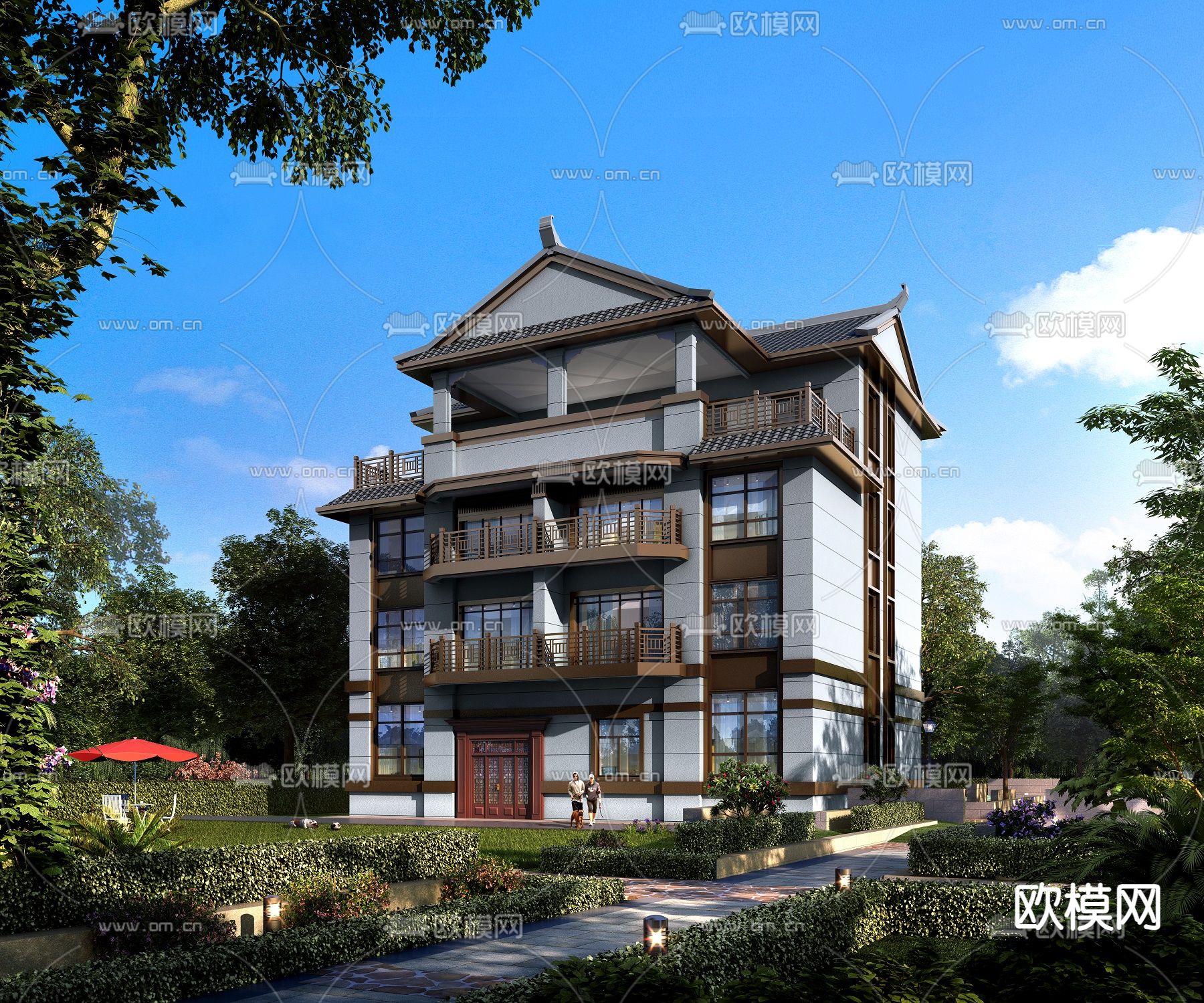 中式别墅外观3d模型下载