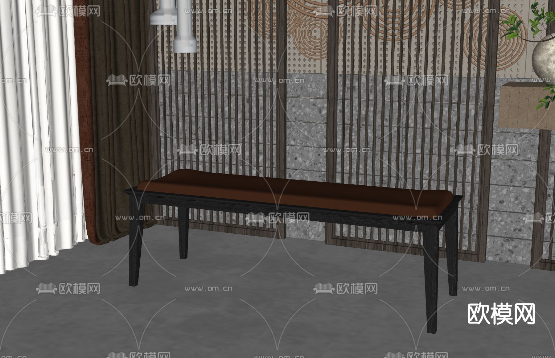新中式长凳su模型下载（渲染图2）