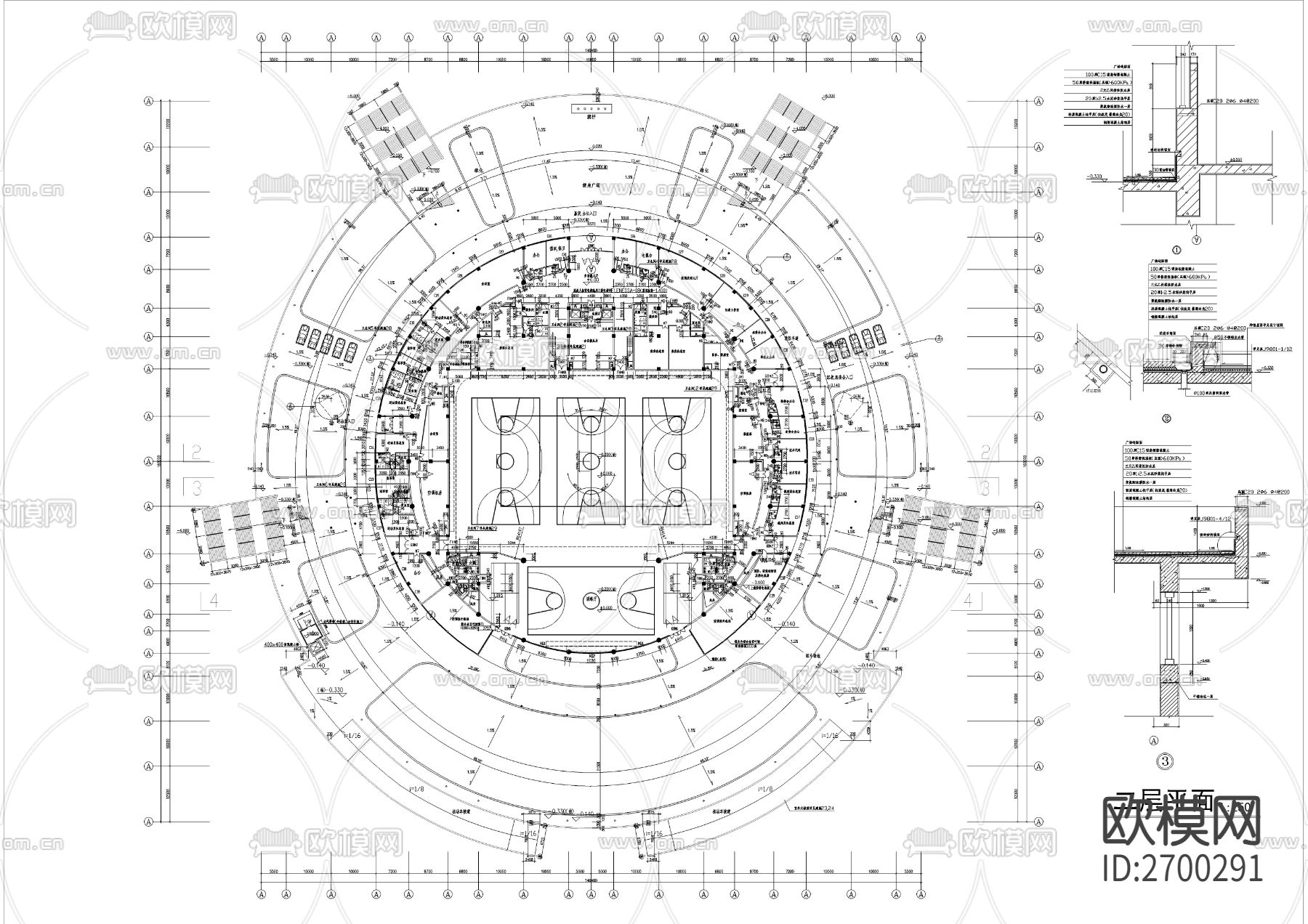 四层大型体育馆建筑cad施工图下载（渲染图10）