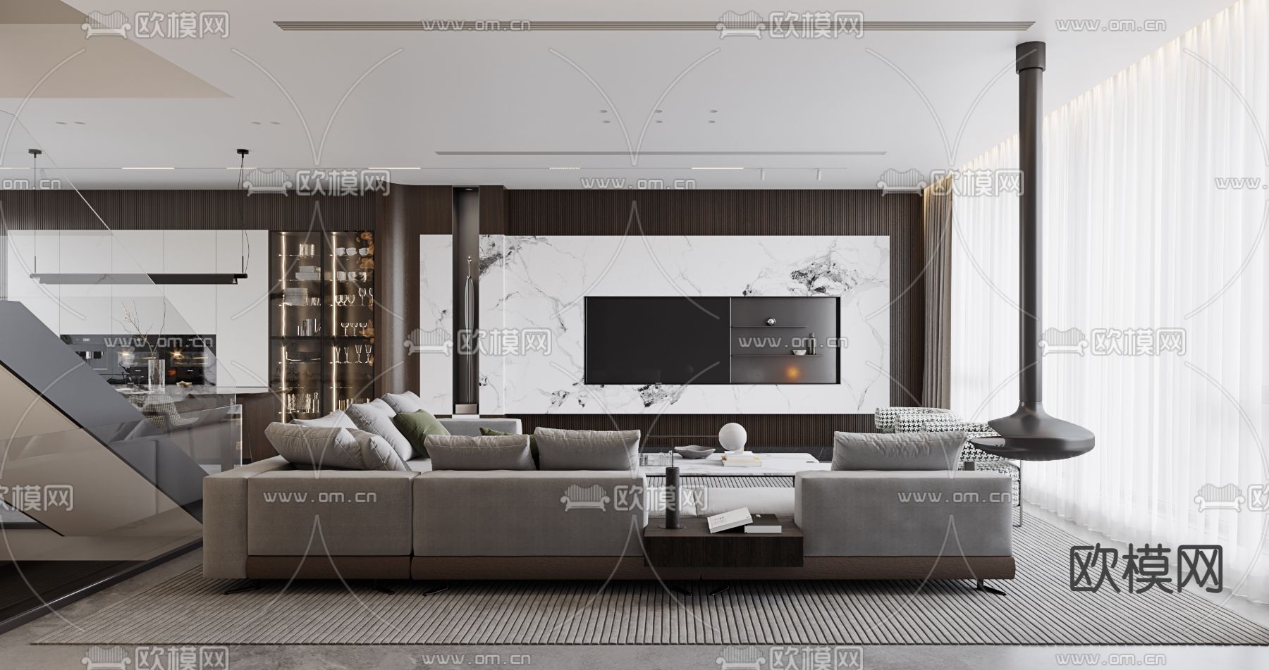 高级灰客餐厅3d模型下载（渲染图3）