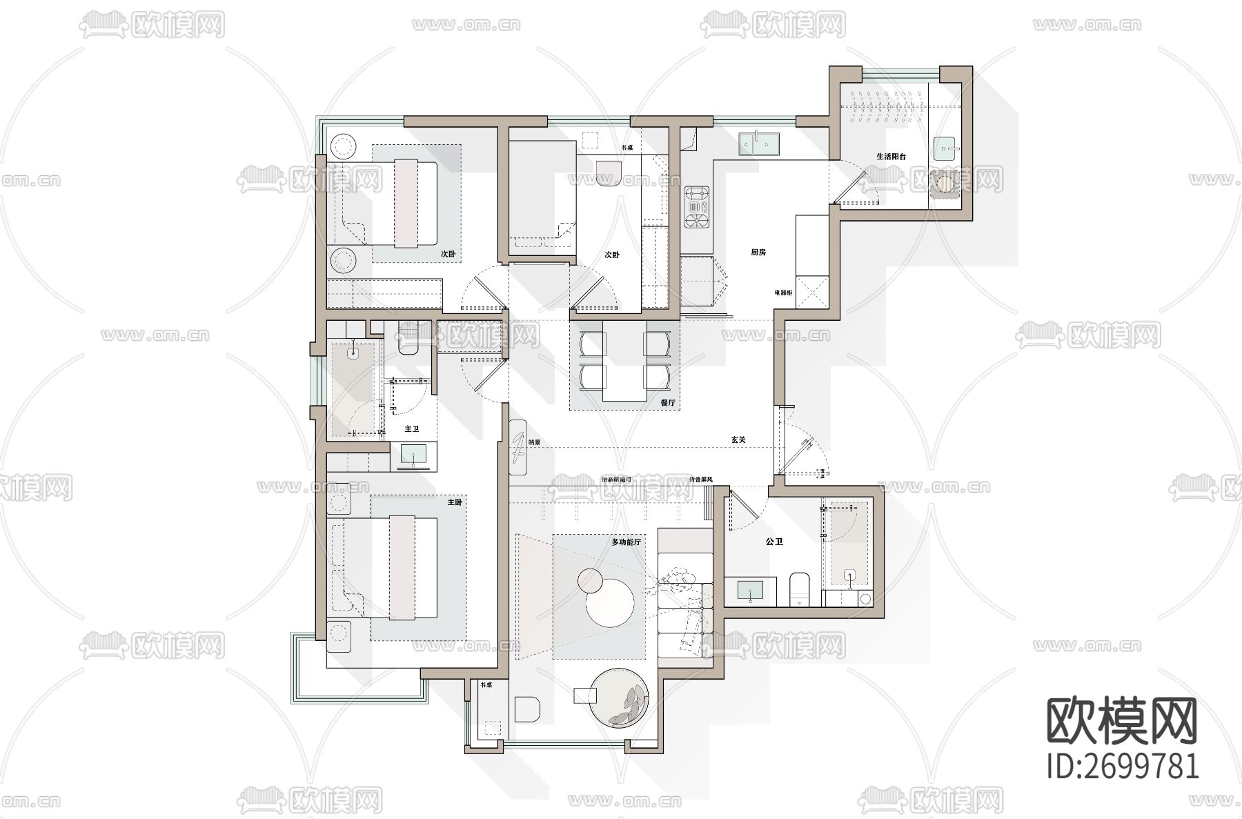 108平方家装cad平面图下载（渲染图3）
