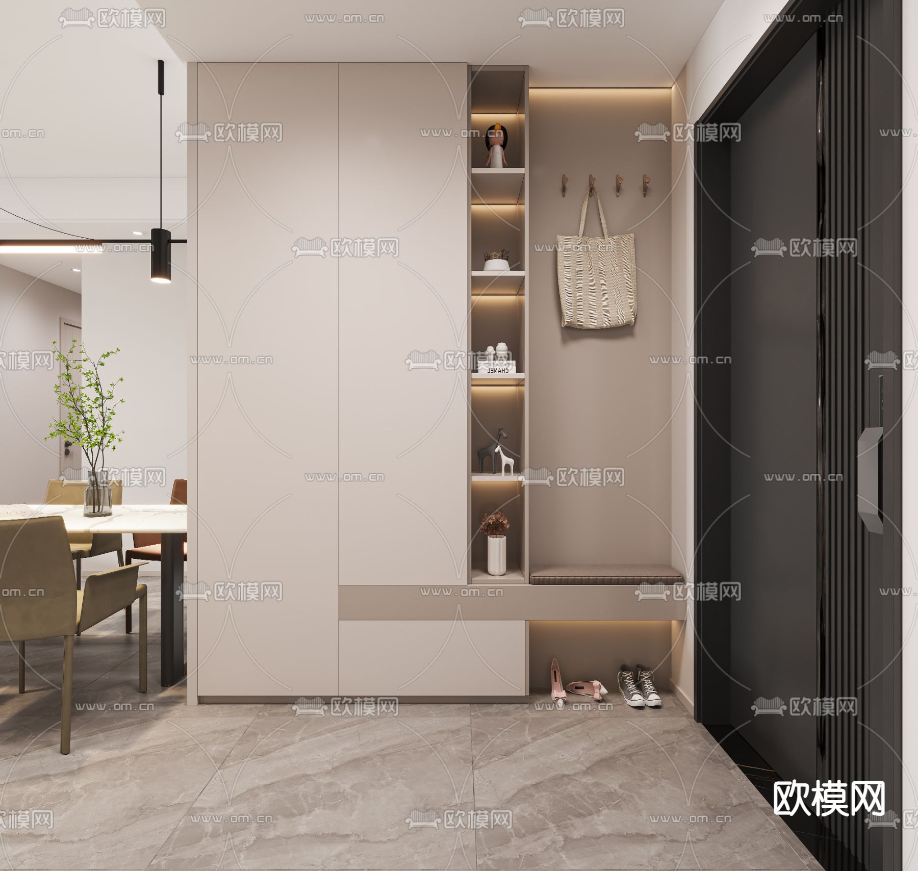 奶油风客厅 餐厅3d模型下载（渲染图3）