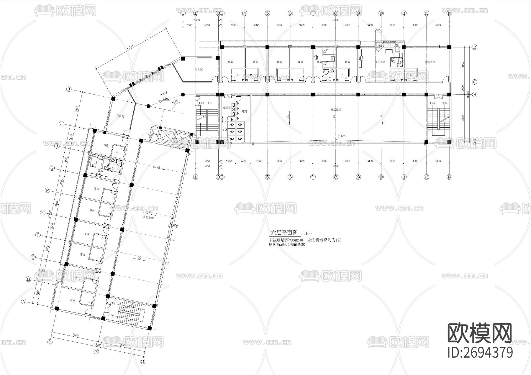 L型公司综合办公楼建筑cad施工图下载（渲染图6）