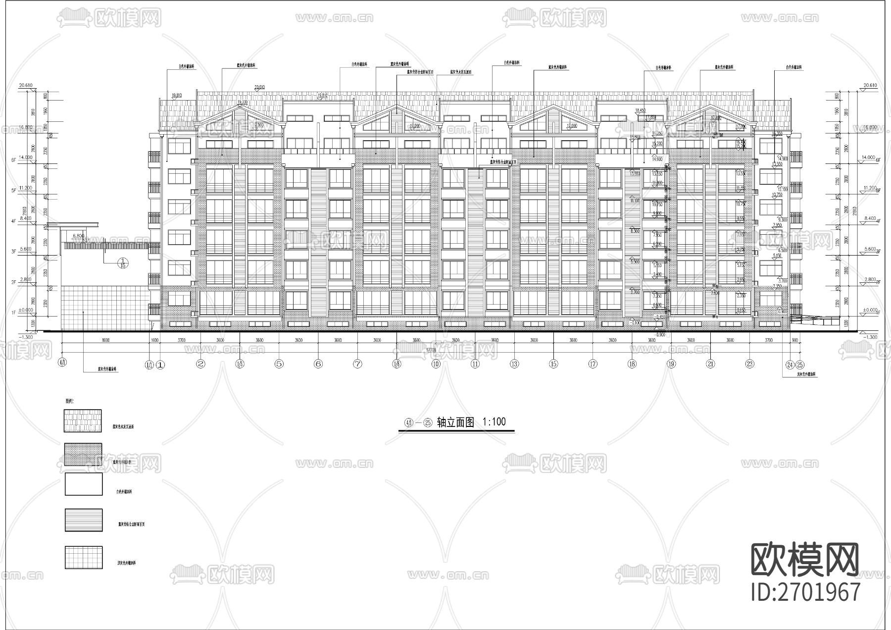 六层坡屋顶研究生公寓建筑cad施工图下载（渲染图1）