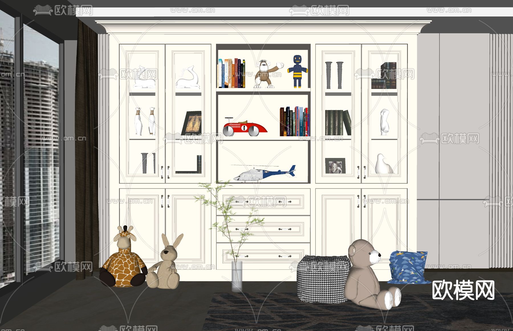 简欧儿童书柜su模型下载（渲染图2）