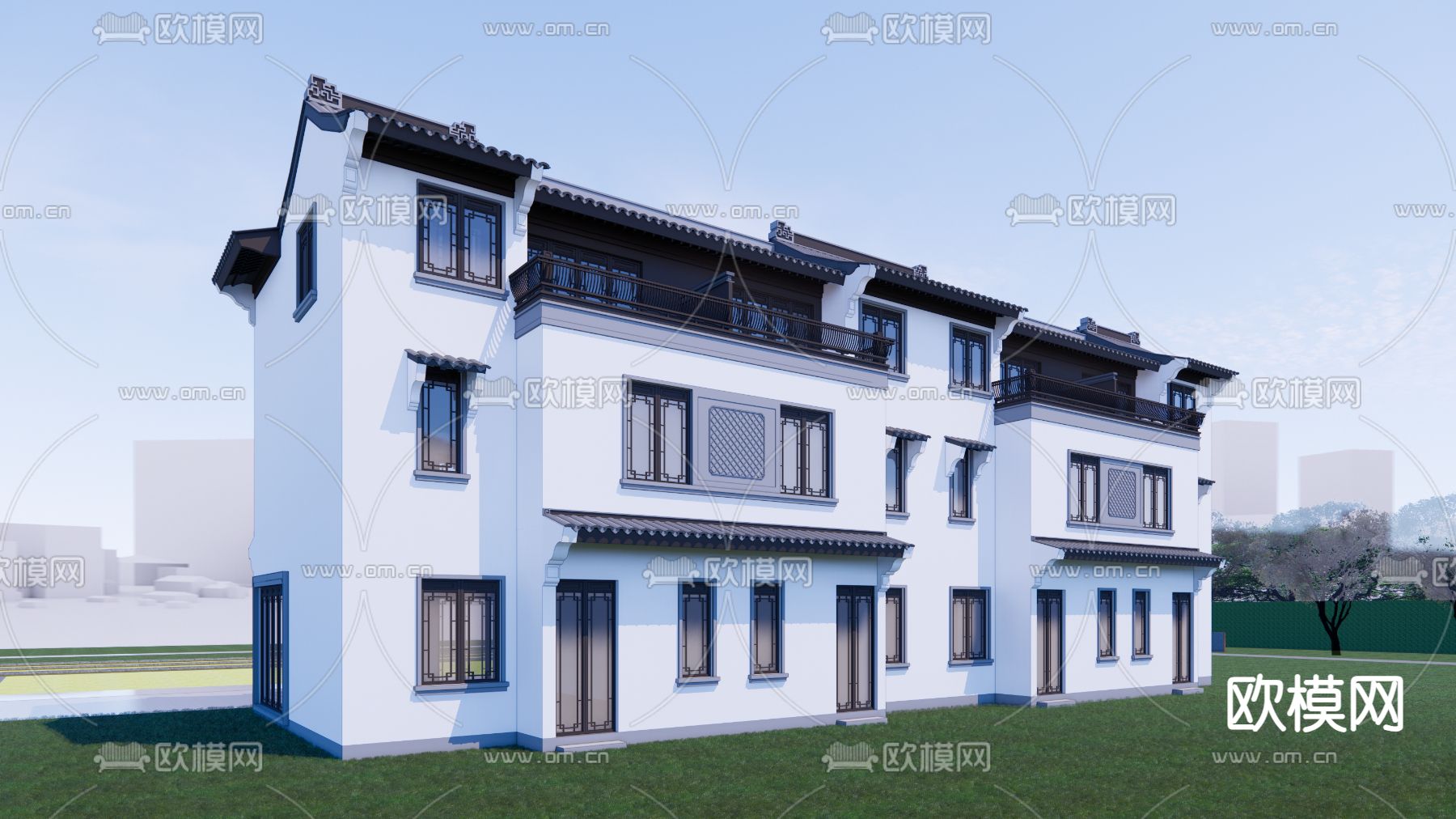 新中式联排别墅su模型下载（渲染图2）
