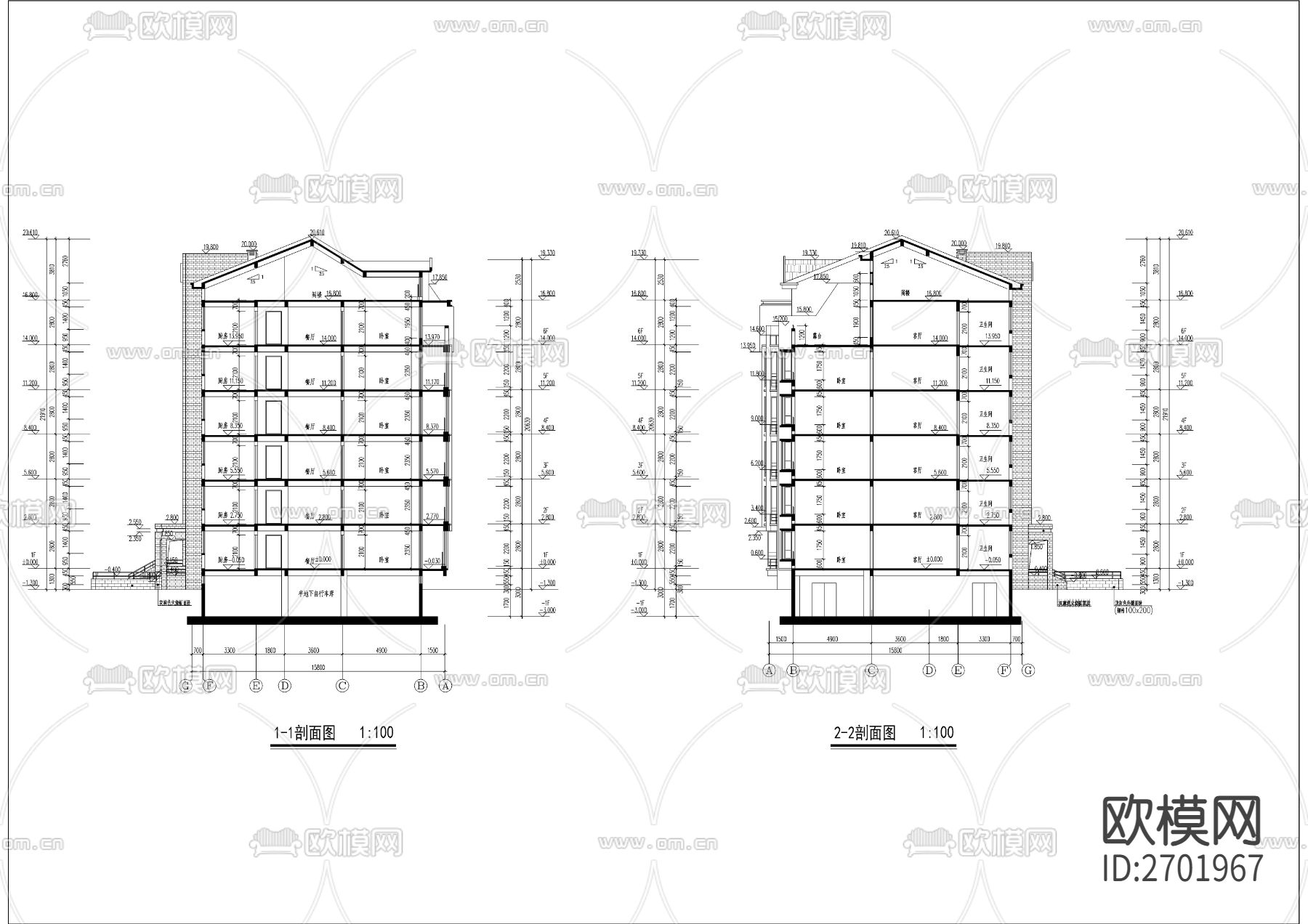 六层坡屋顶研究生公寓建筑cad施工图下载（渲染图7）
