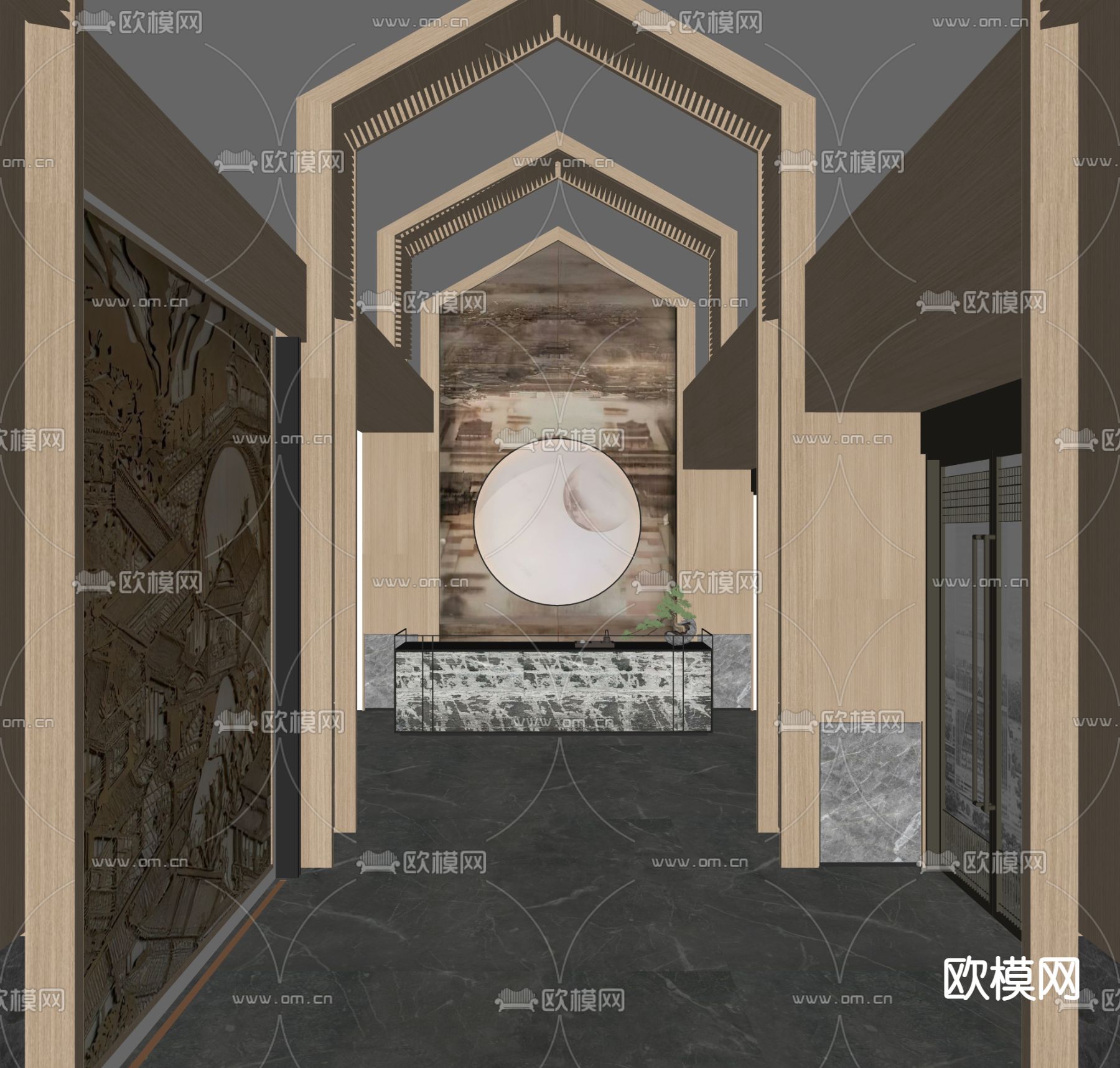 新中式接待大厅su模型下载（渲染图3）