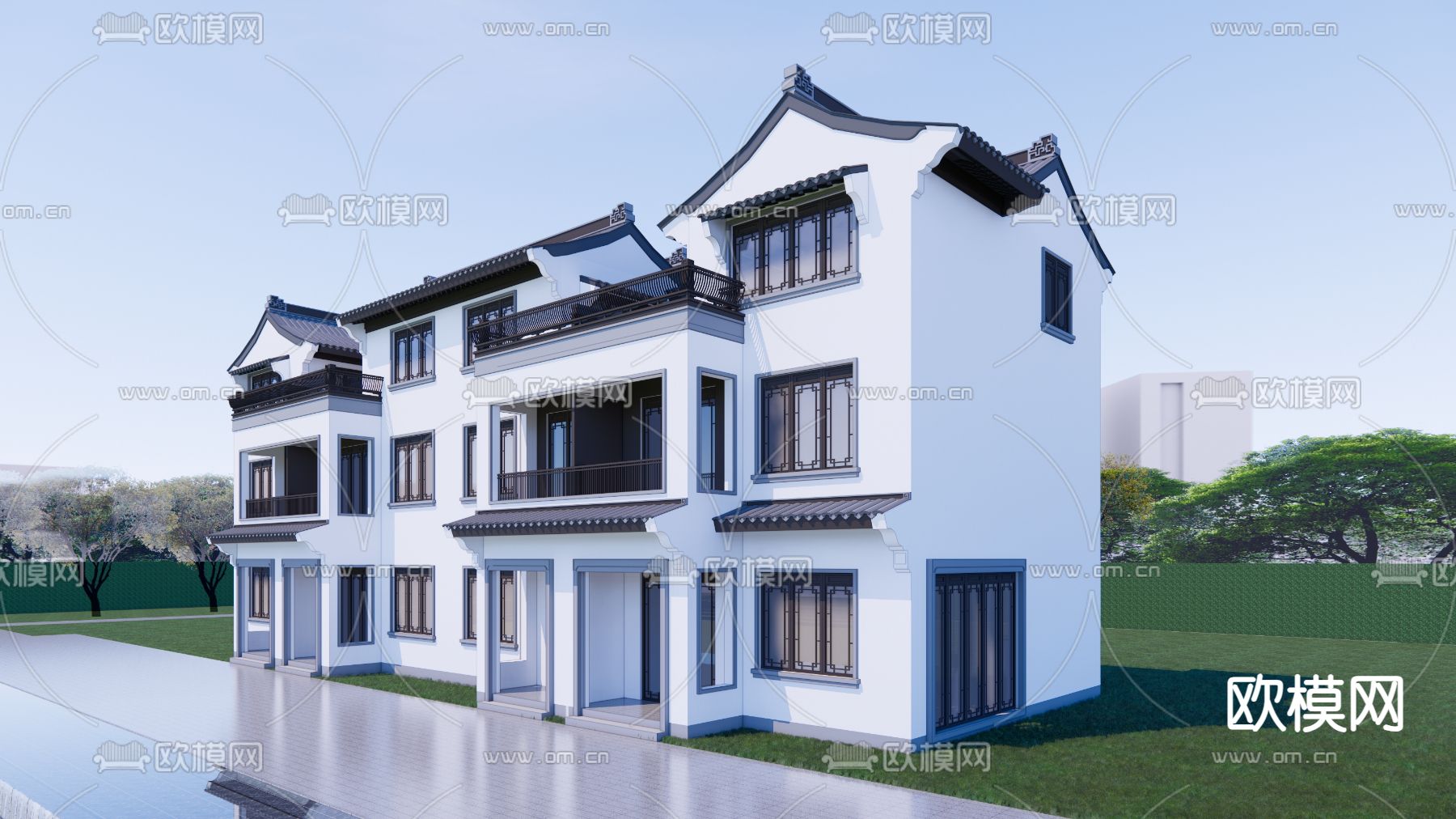 新中式联排别墅su模型下载（渲染图3）