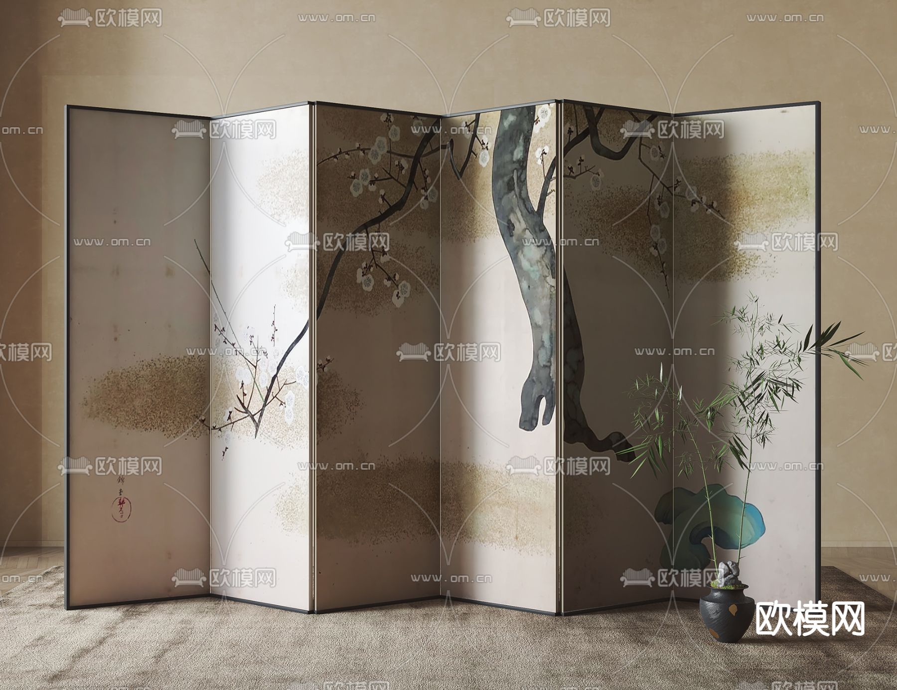 新中式屏风 隔断su模型下载（渲染图1）