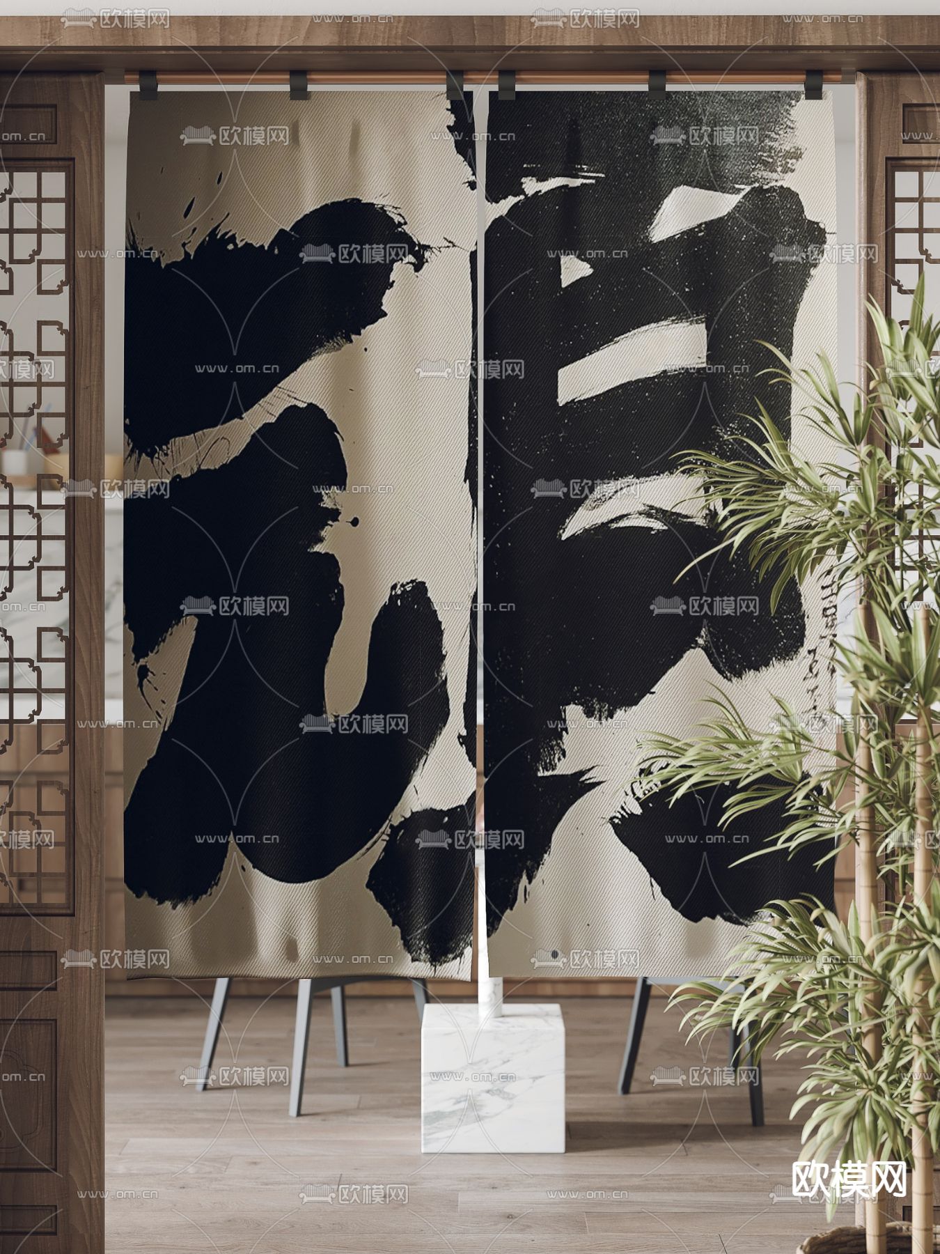 侘寂风布帘 门帘su模型下载（渲染图2）