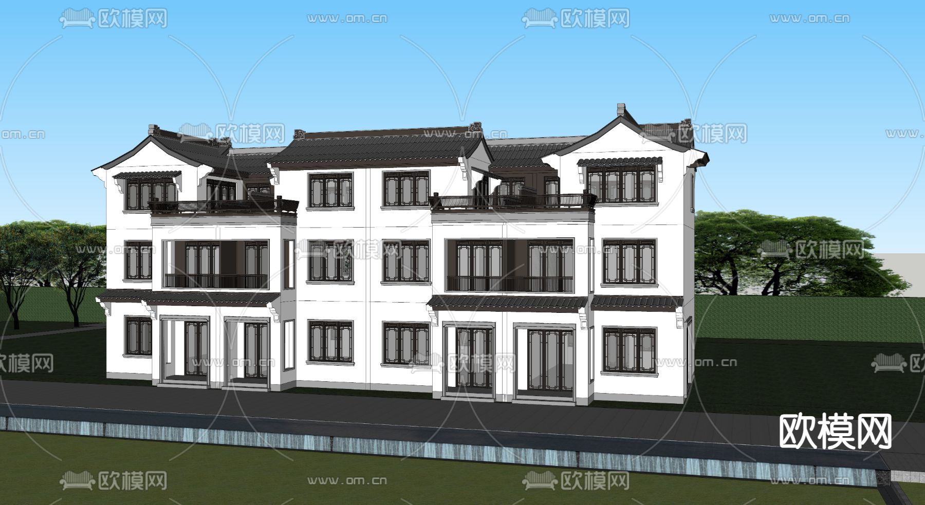 新中式联排别墅su模型下载（渲染图4）