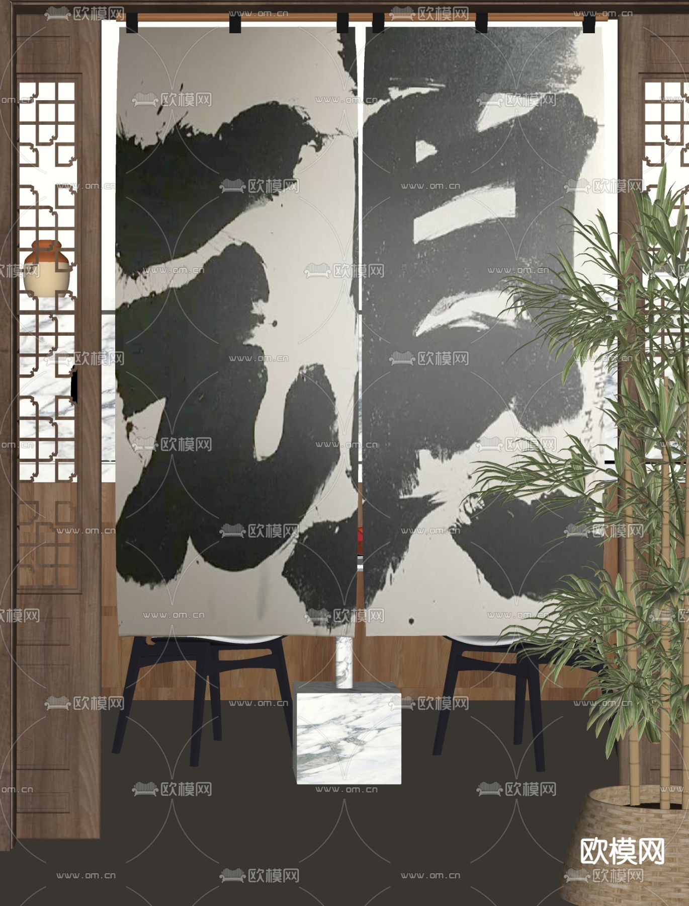 侘寂风布帘 门帘su模型下载（渲染图1）