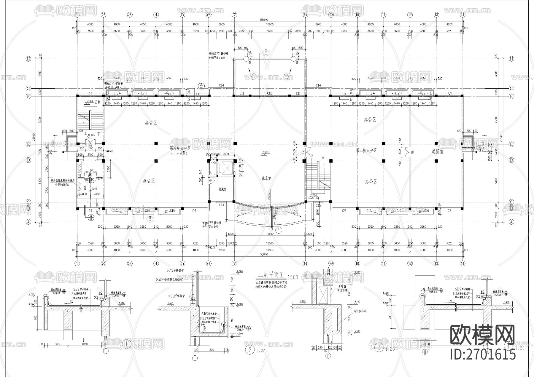 办公楼建筑cad施工图下载（渲染图3）
