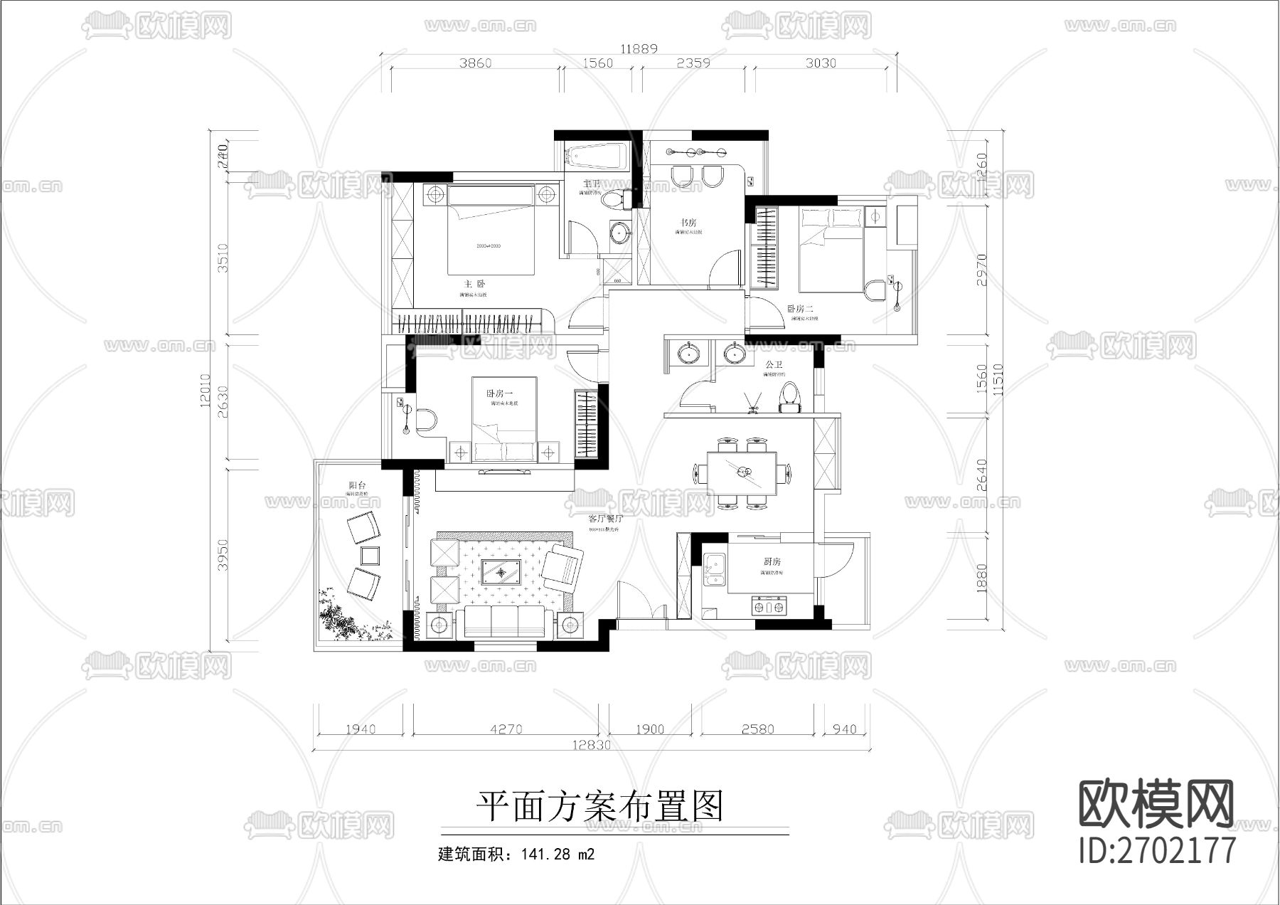 一百四十平大平层全套装修cad施工图下载（渲染图1）