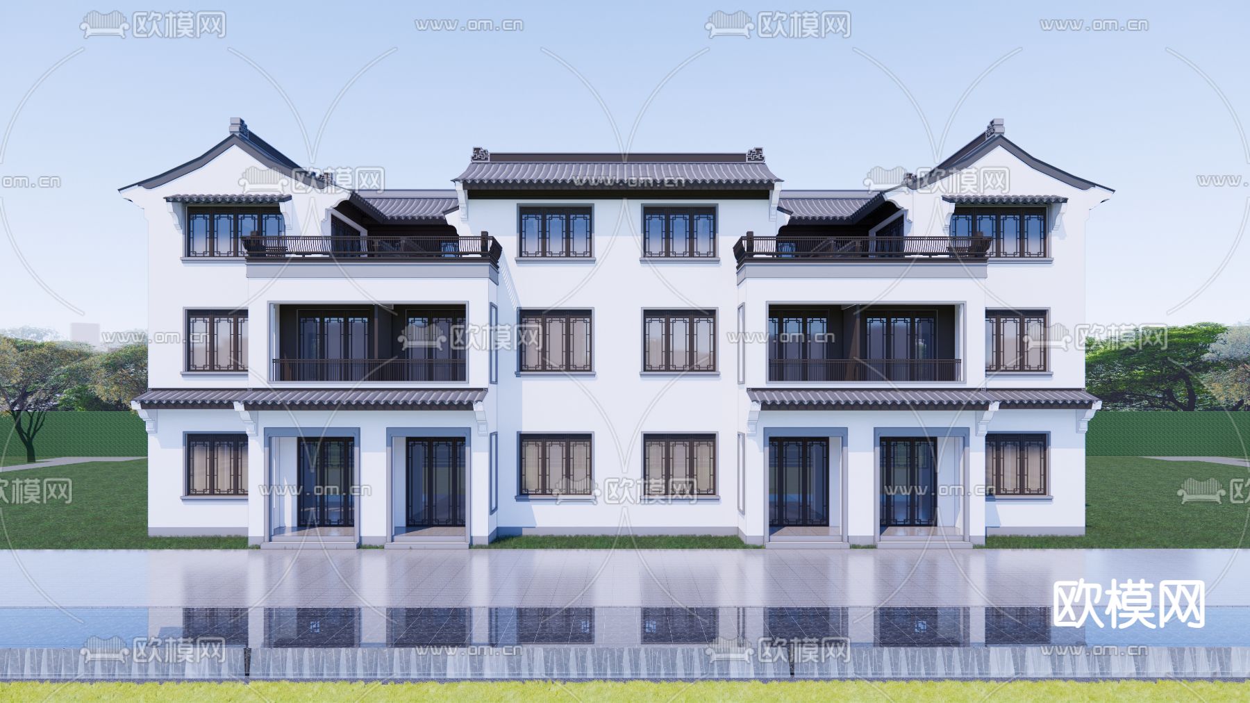 新中式联排别墅su模型下载（渲染图1）