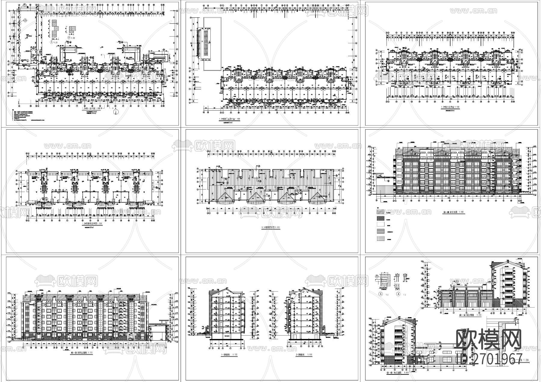 六层坡屋顶研究生公寓建筑cad施工图下载（渲染图9）