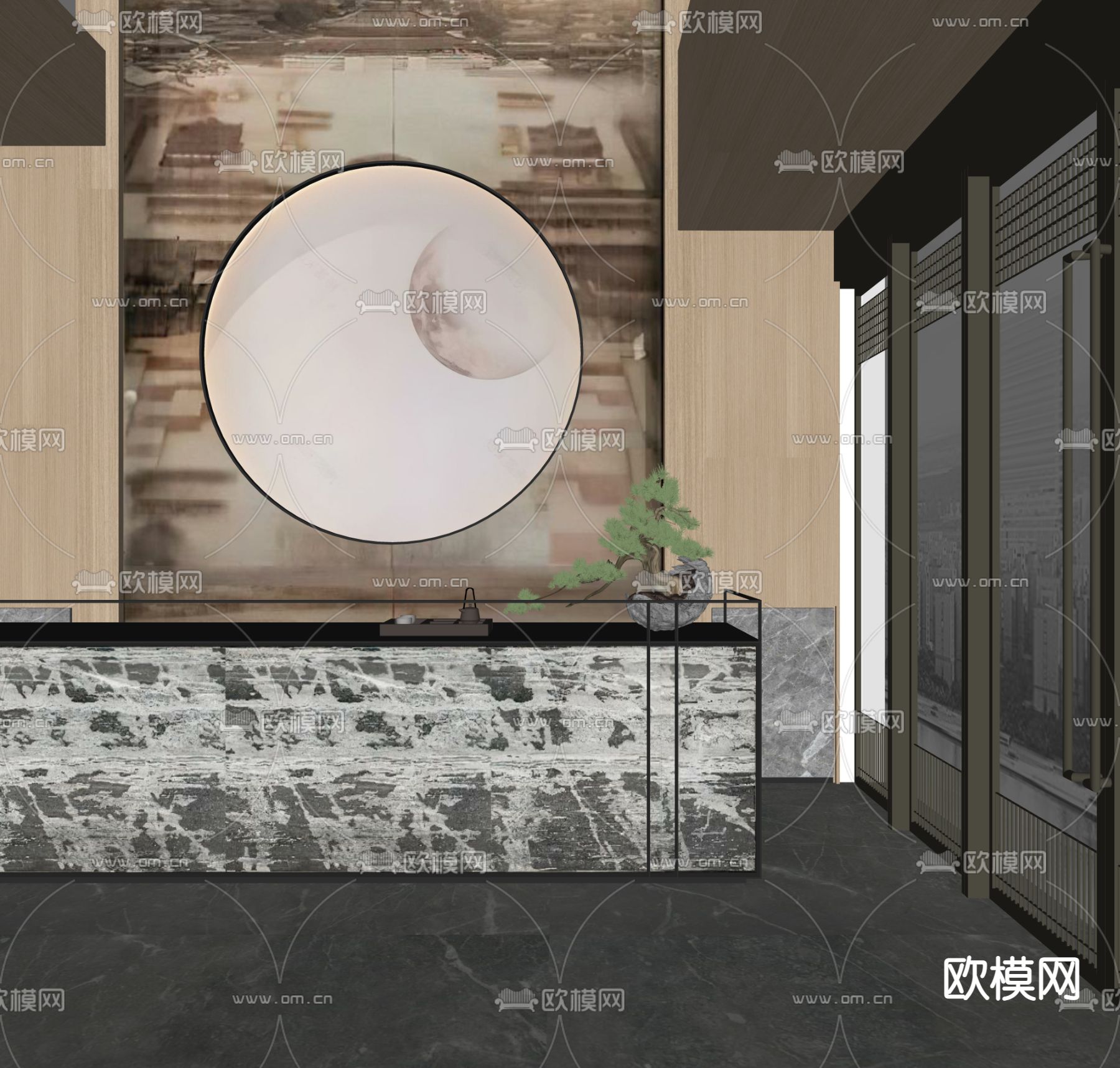 新中式接待大厅su模型下载（渲染图2）