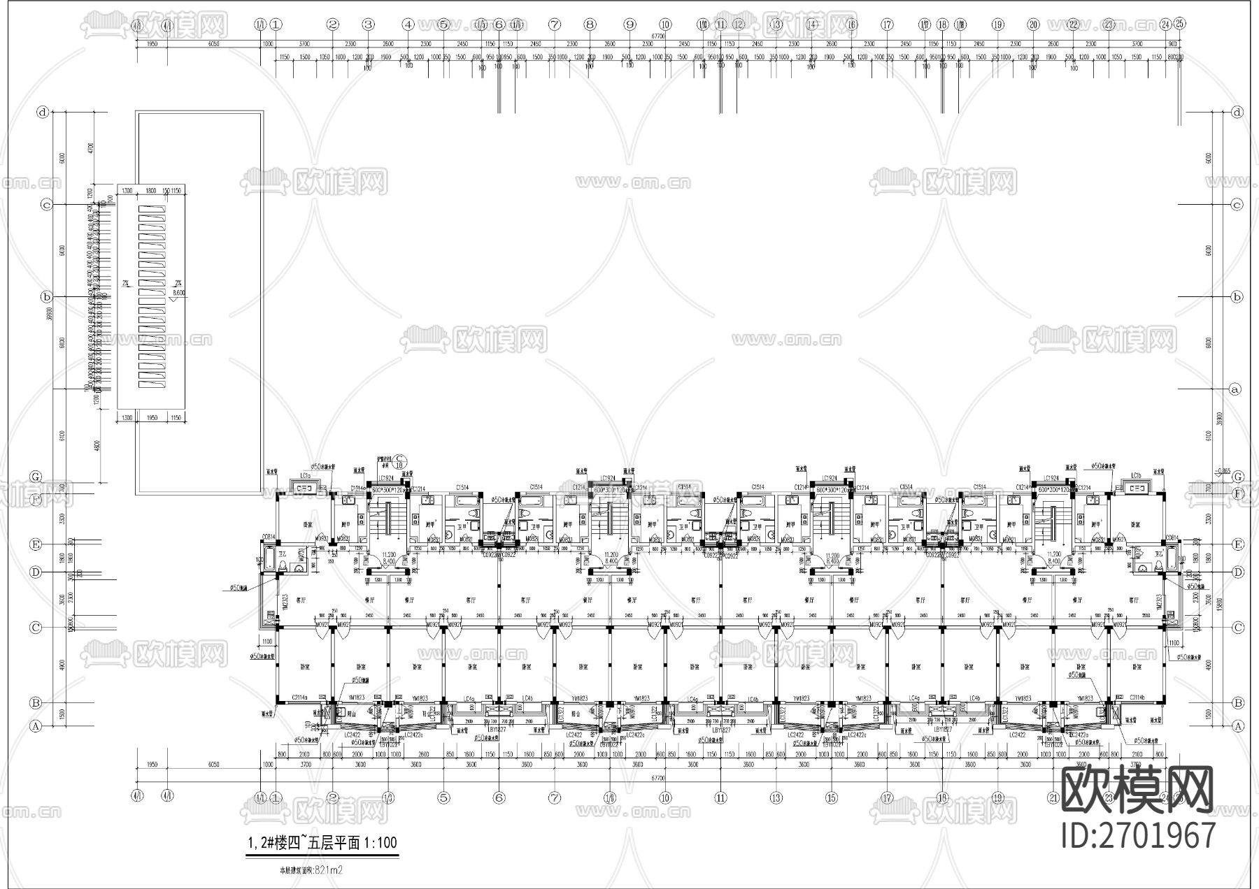 六层坡屋顶研究生公寓建筑cad施工图下载（渲染图2）