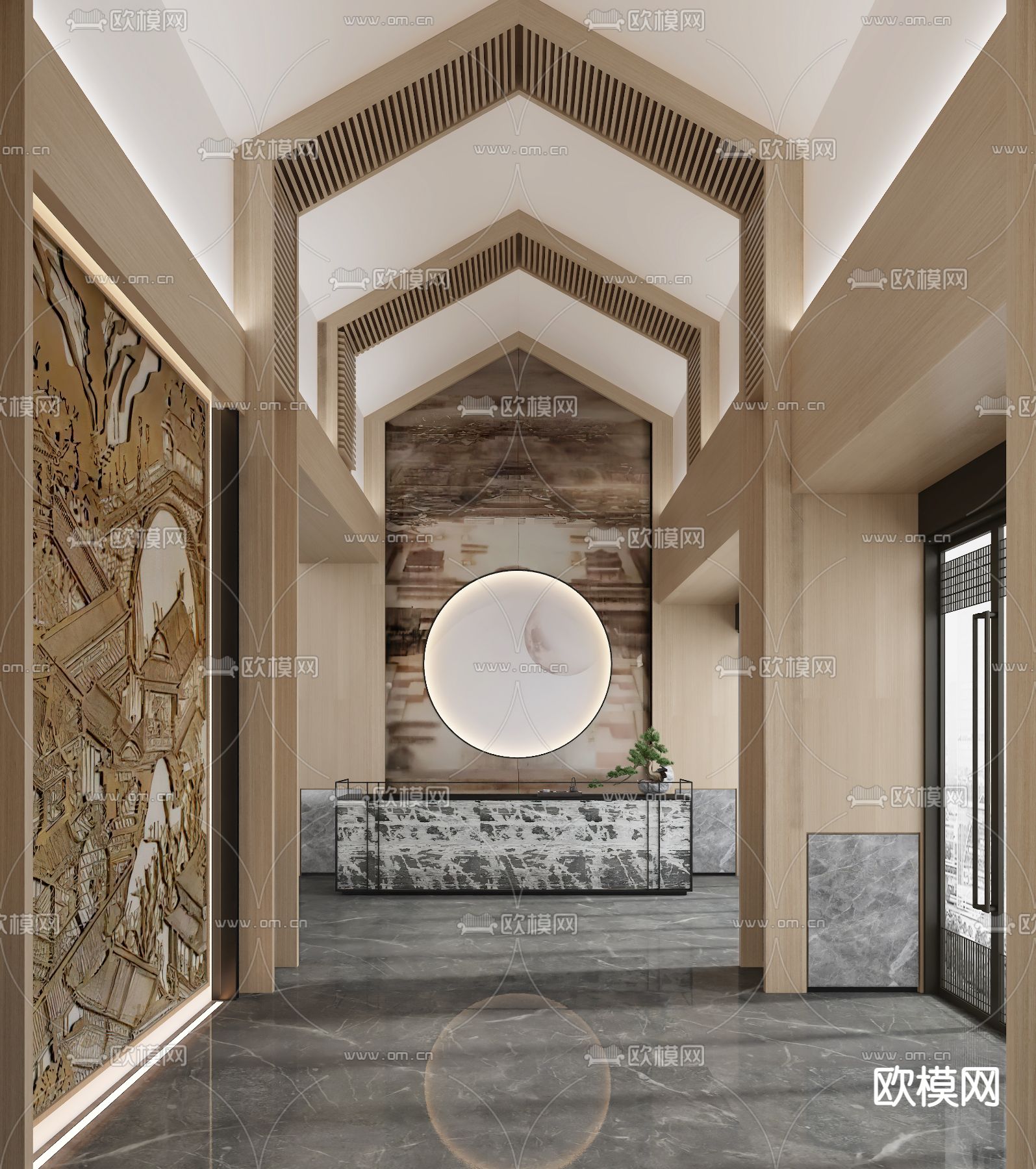 新中式接待大厅su模型下载（渲染图1）