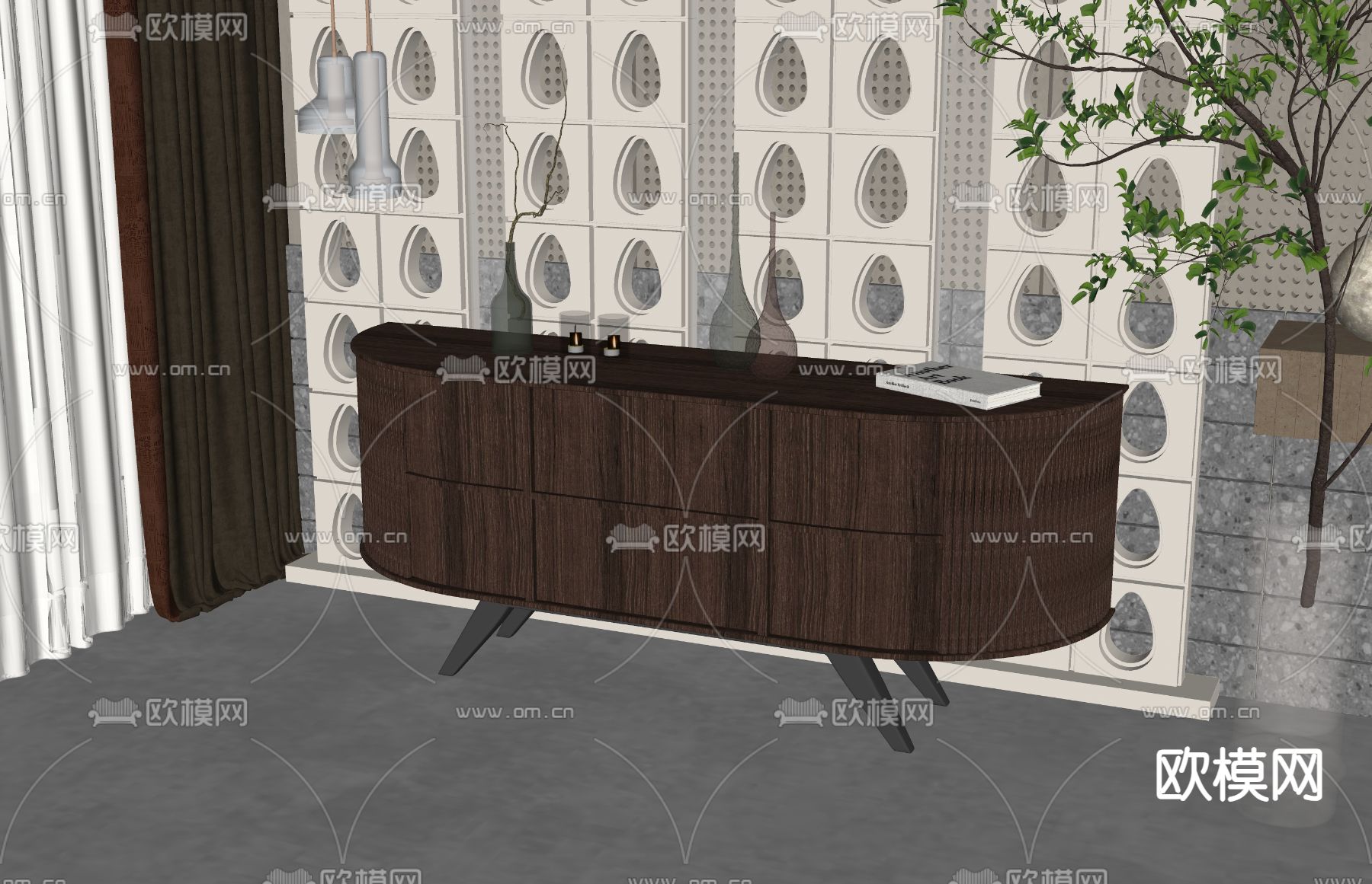 实木边柜 玄关柜 端景柜su模型下载（渲染图2）