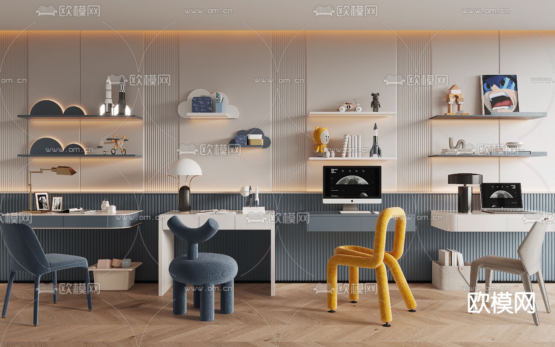 儿童书桌椅 学习桌3d模型下载