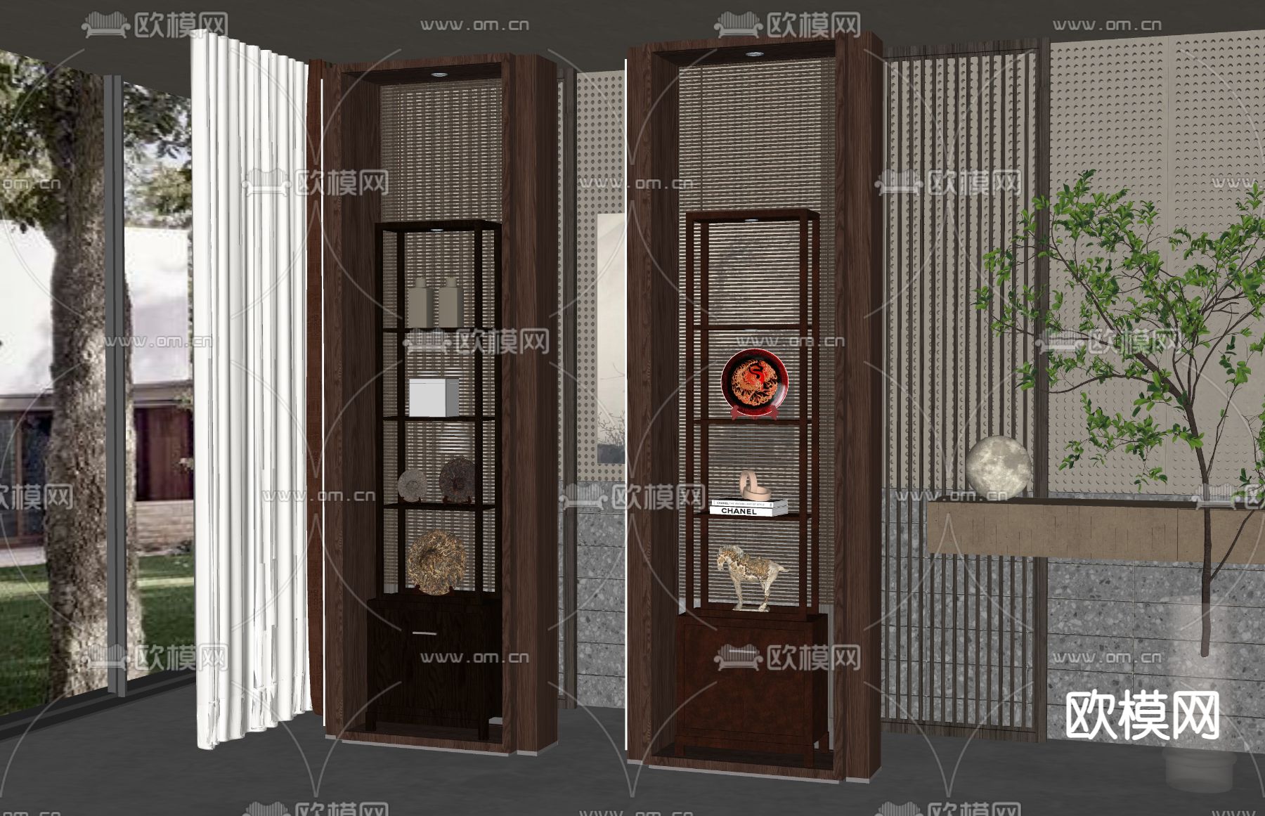 新中式装饰柜 隔断su模型下载（渲染图2）