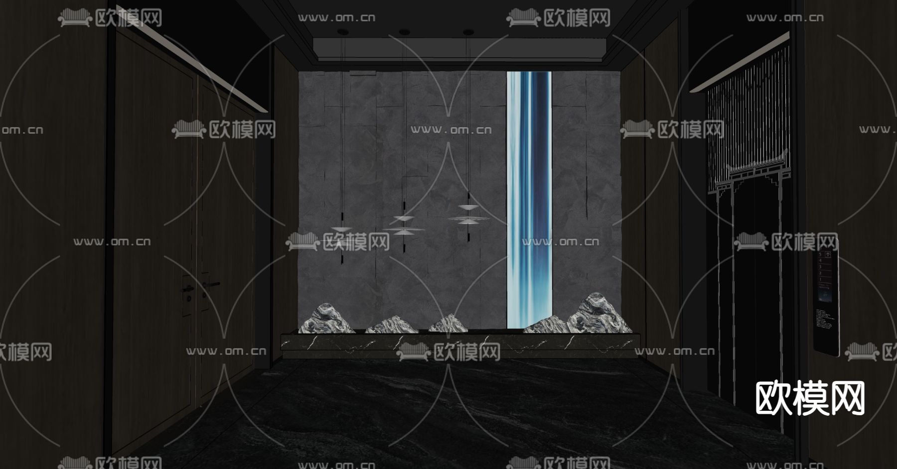 新中式会所电梯厅su模型下载（渲染图2）