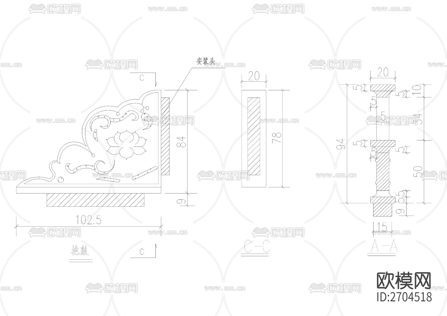 石栏杆抱鼓石CAD施工图下载（渲染图4）