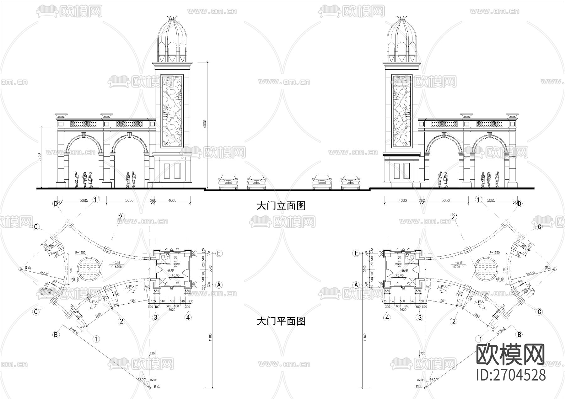 欧式小区入口建筑CAD施工图下载（渲染图1）