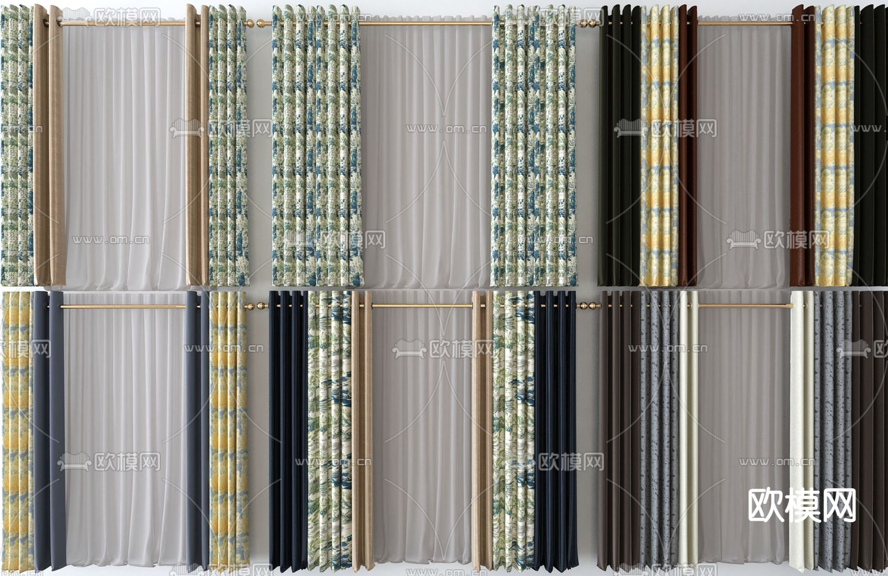 北欧窗帘 窗纱 窗帘杆3d模型下载
