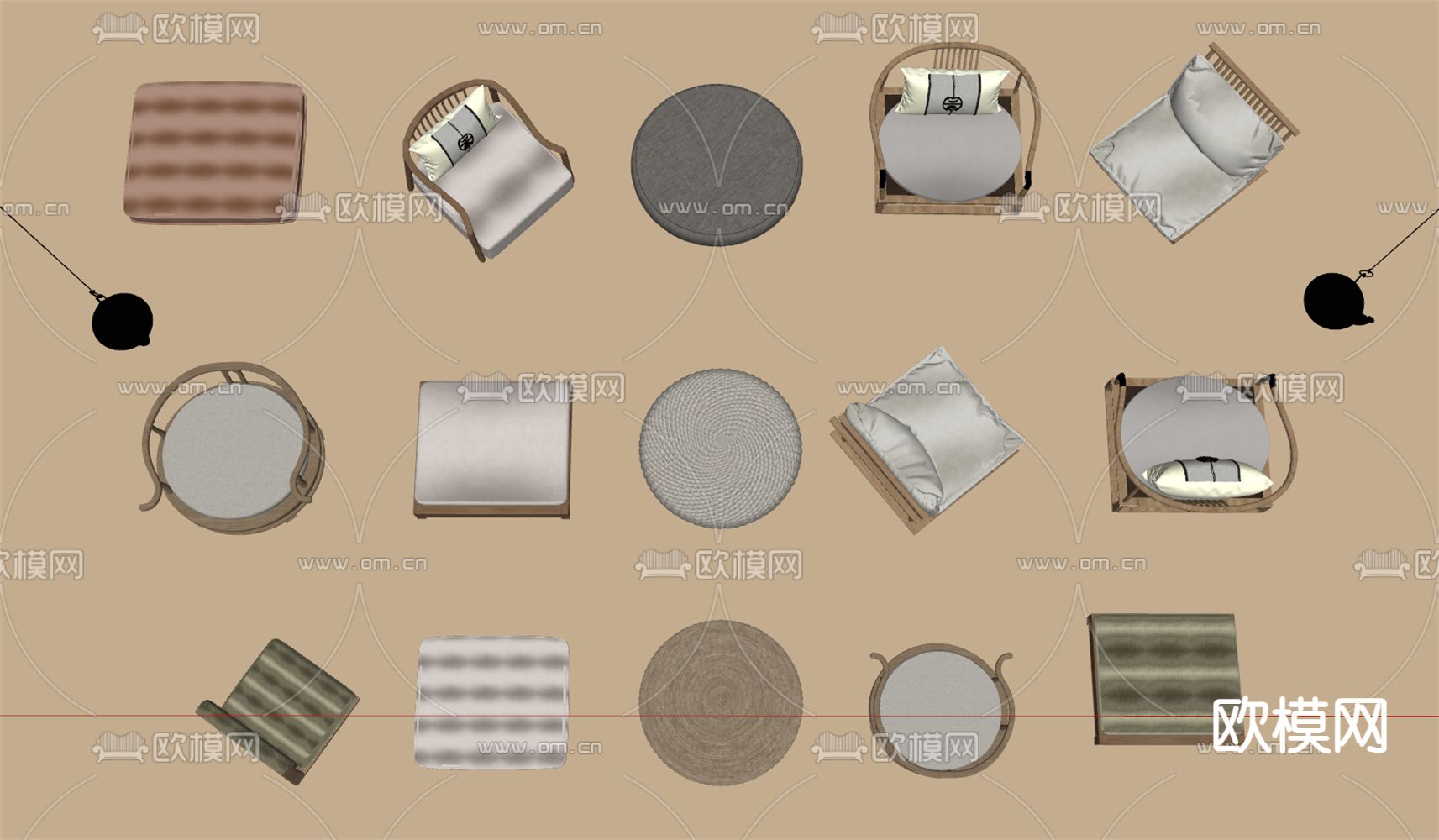 新中式蒲团 榻榻米坐垫su模型下载（渲染图2）