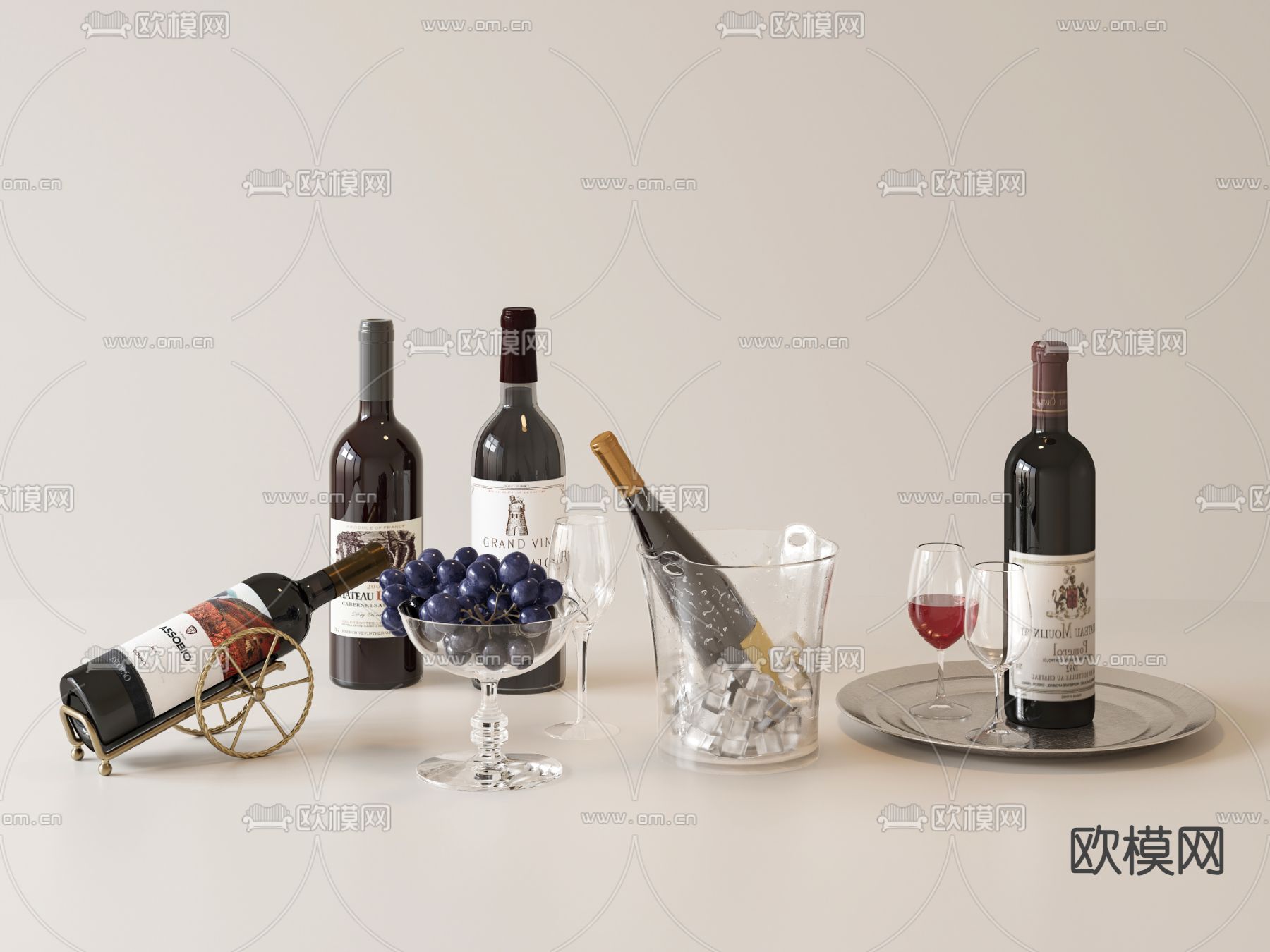 红酒 洋酒 葡萄 托盘su模型下载（渲染图1）