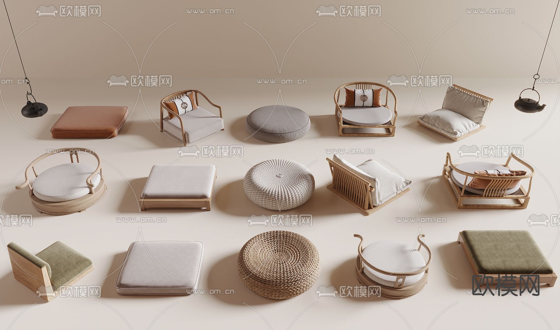 新中式蒲团 榻榻米坐垫su模型下载（渲染图1）